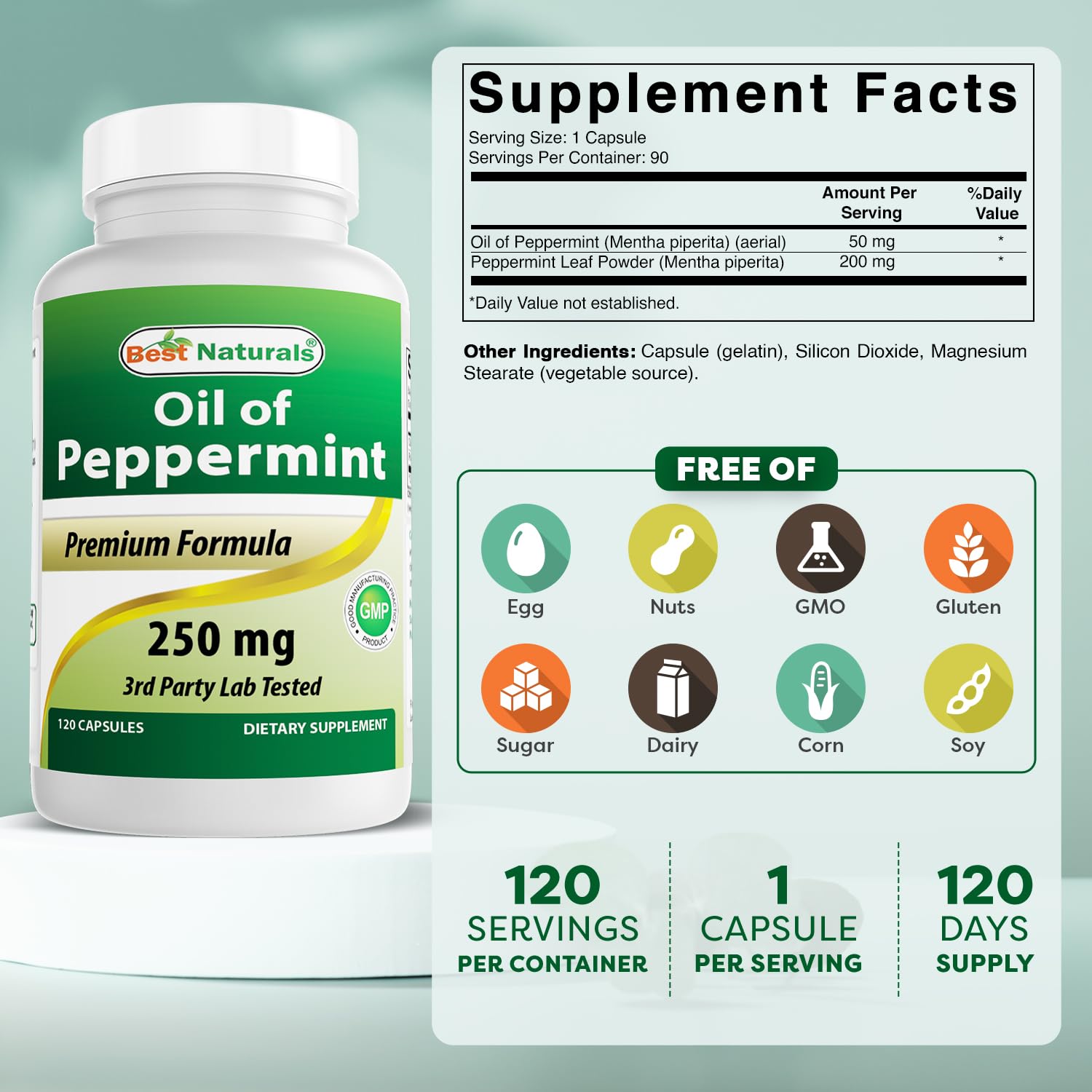 Best Naturals Peppermint Oil Bowel Soothing Dietary Supplement, 250 mg, 120 Count