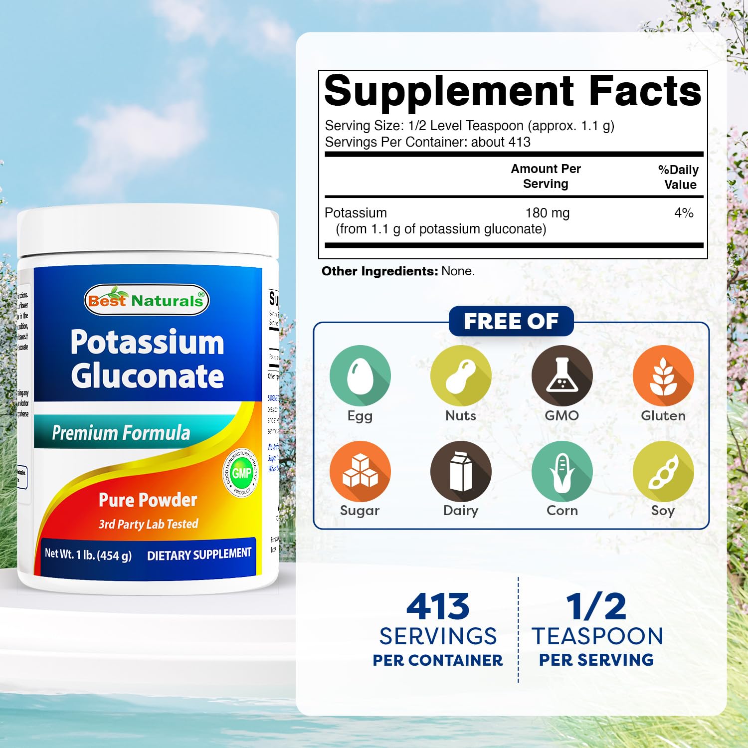 Best Naturals Potassium Gluconate 1lb Powder – 413 Servings, Non-GMO, USA Made