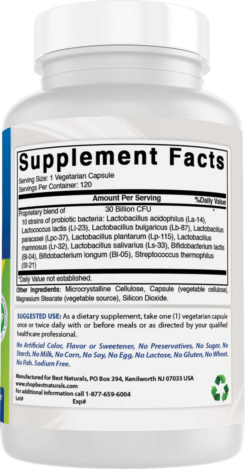 Best Naturals Probiotic 10 Strains - 30B CFU, Shelf-Stable, 120 Veggie Caps (2-Pack)