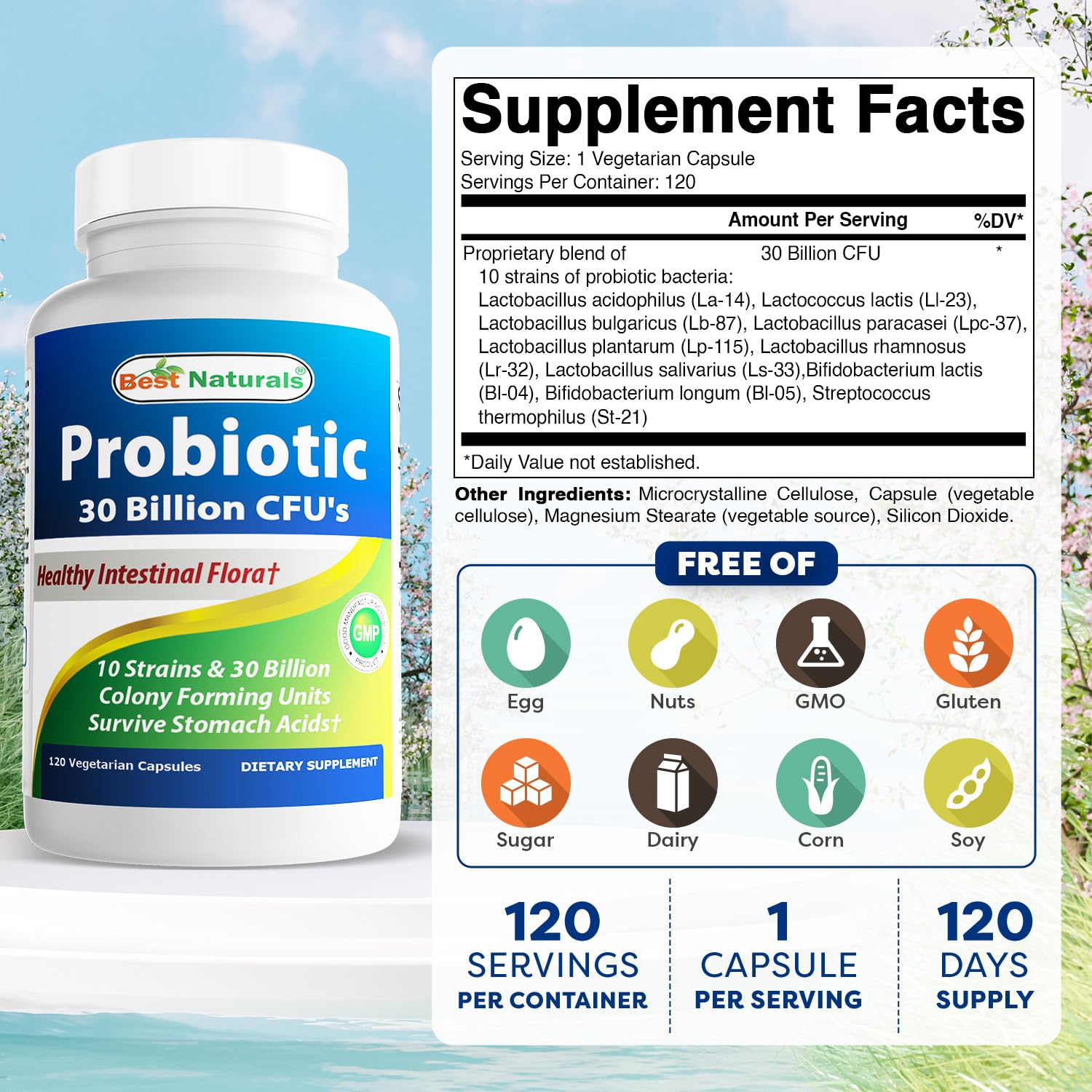 Best Naturals Probiotic 10 Strains - 30B CFU, Shelf-Stable, 120 Veggie Caps (2-Pack)