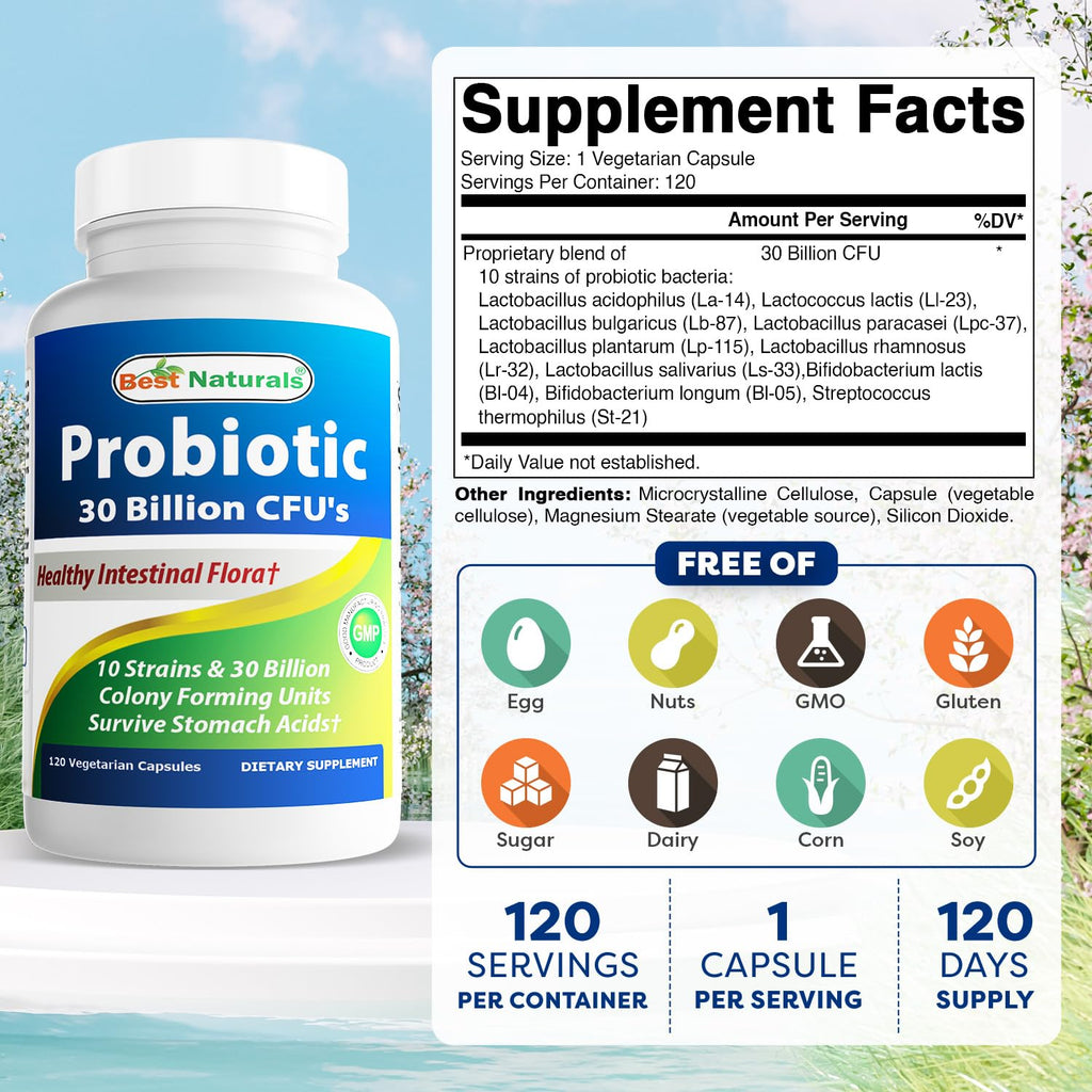 Best Naturals Probiotic 10 Strains - 30B CFU, Shelf-Stable, 120 Veggie Caps (2-Pack)