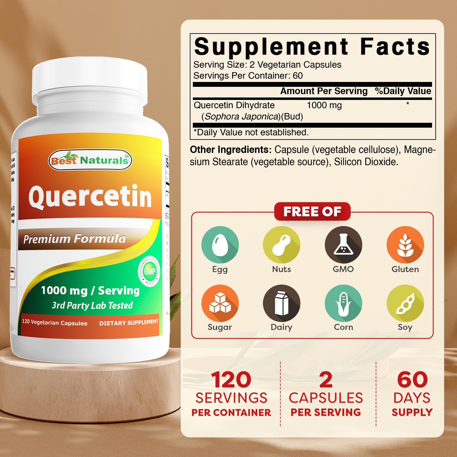 Best Naturals Quercetin 1000 mg Veggie Capsules – 120 Count (Pack of 2)