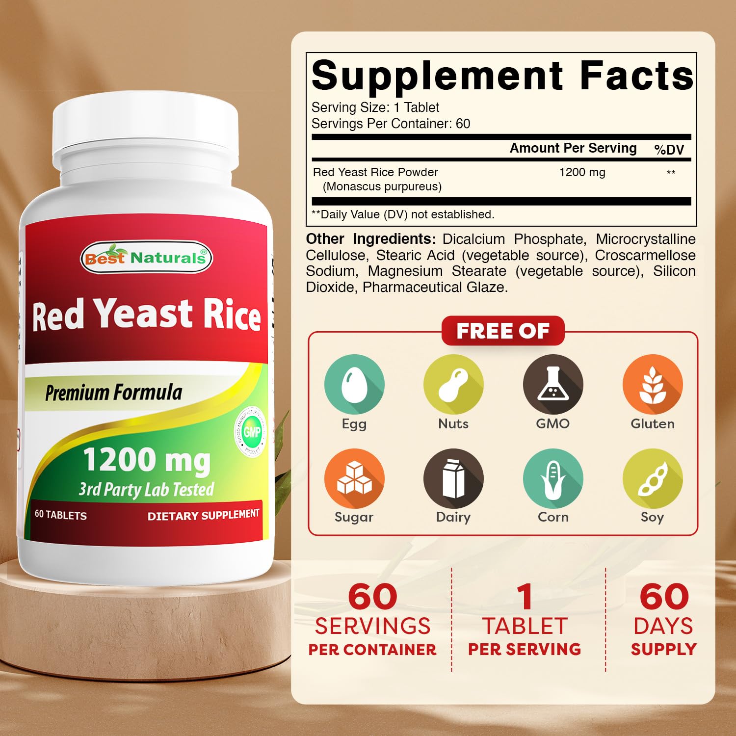 Best Naturals Red Yeast Rice 1200 mg – 60 Tablets (Citrinin Free) | Non-GMO & Gluten-Free