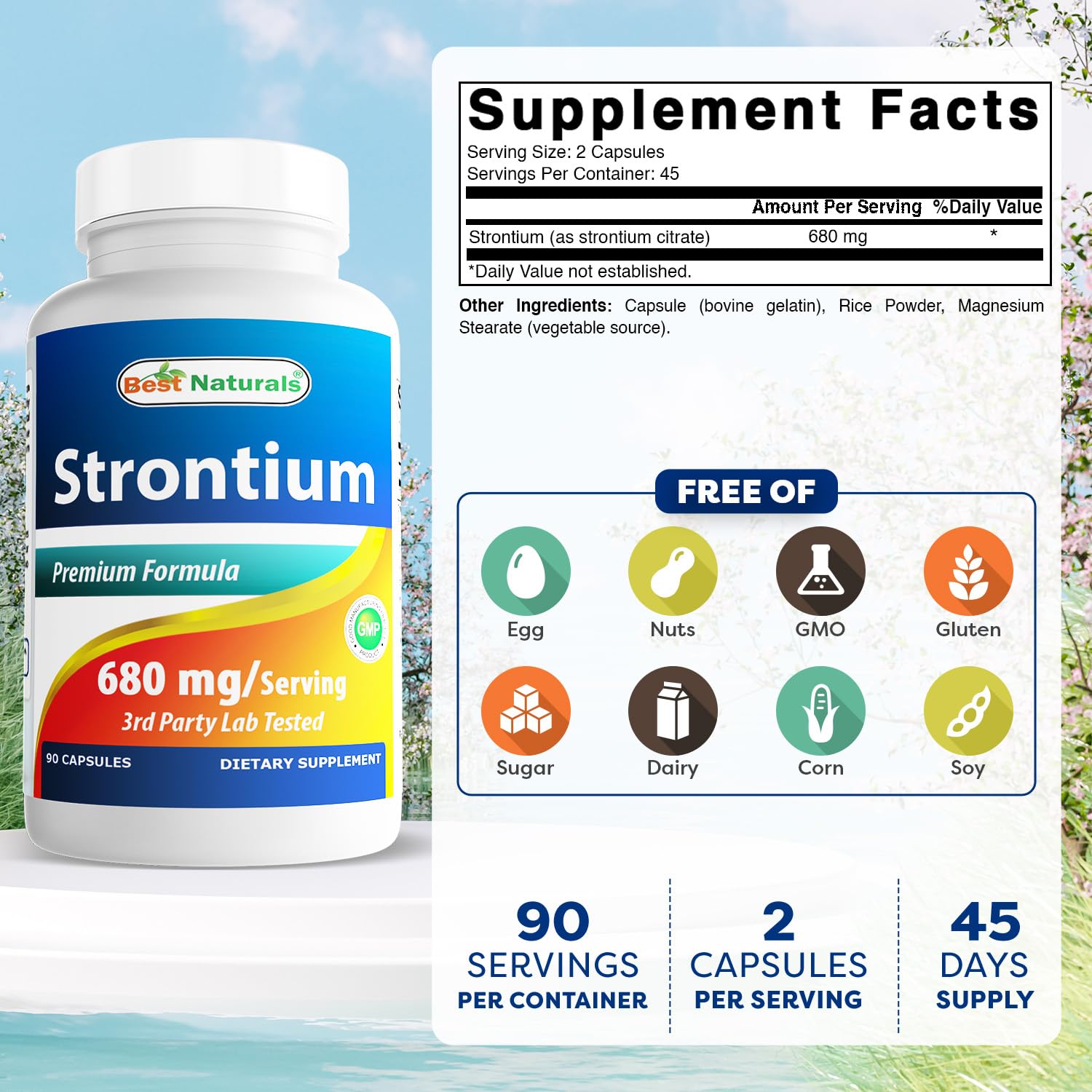 Best Naturals Strontium Bone Building Formula 680mg/Serving - 90 Capsules (Pack of 2)