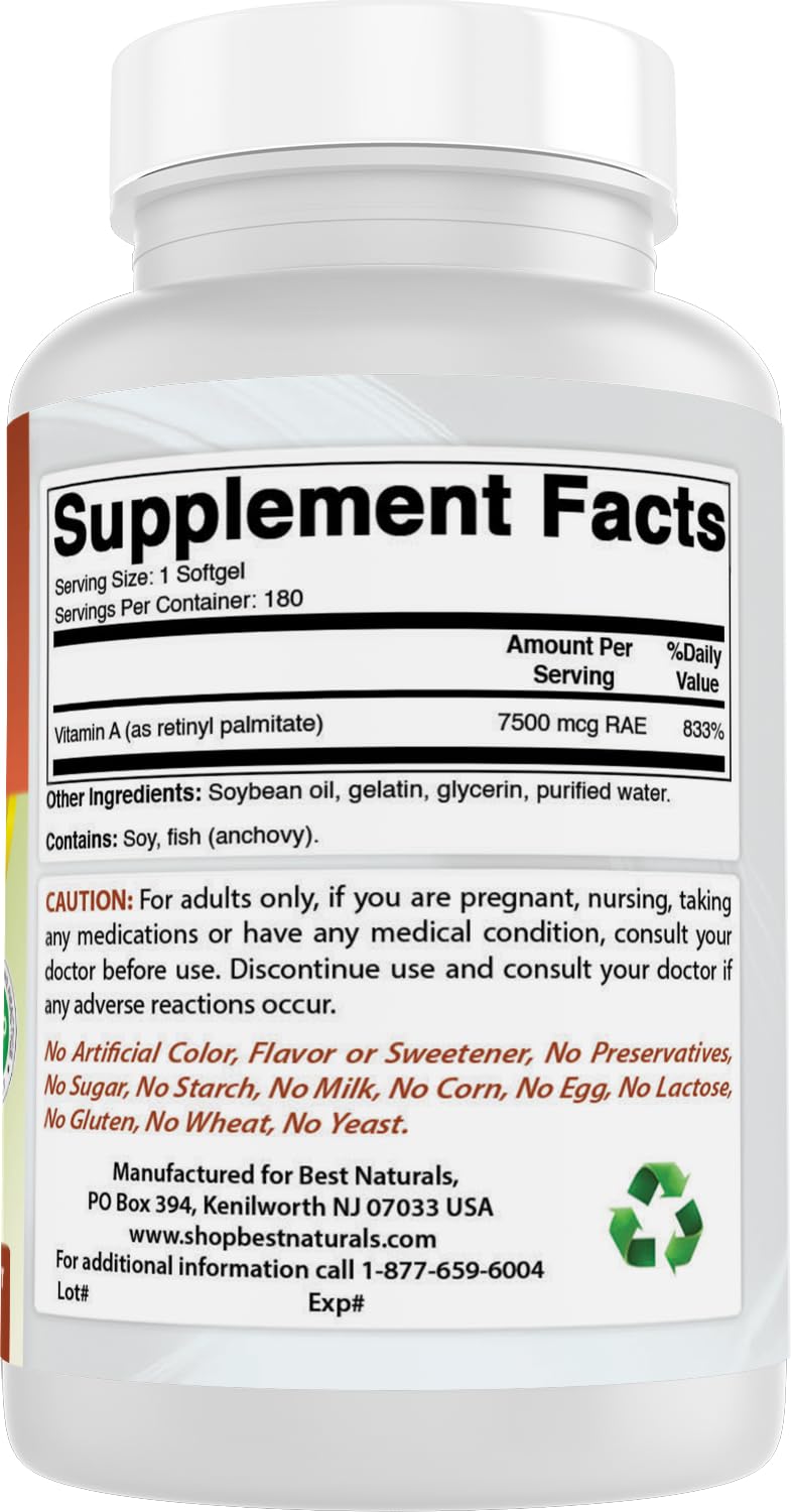 Best Naturals Vitamin A 25000 IU - 180 Softgels, Non-GMO Formula for Vision & Immunity