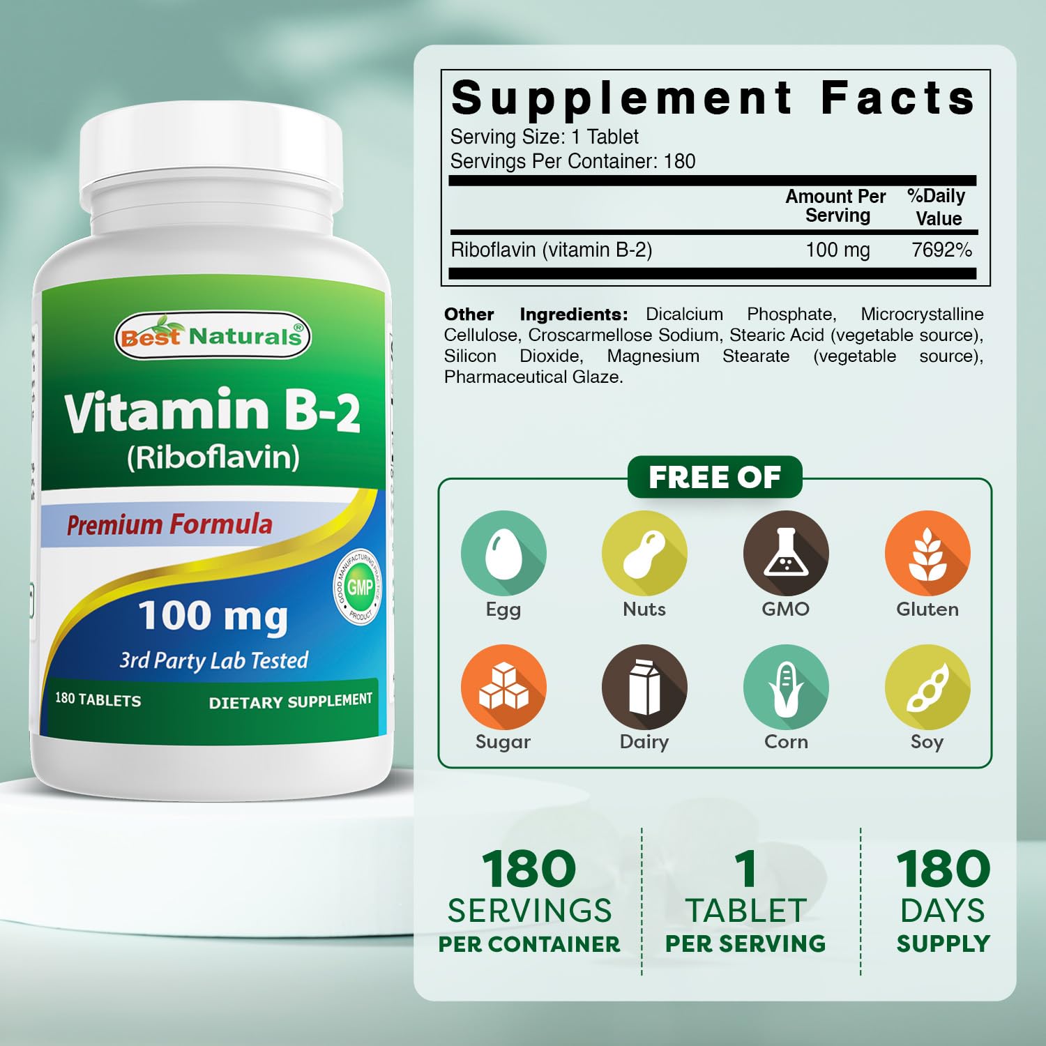 Best Naturals Vitamin B2 (Riboflavin) 100 mg - 180 Tablets per Bottle - Pack of 2 | Premium Formula | 3rd Party Lab Tested