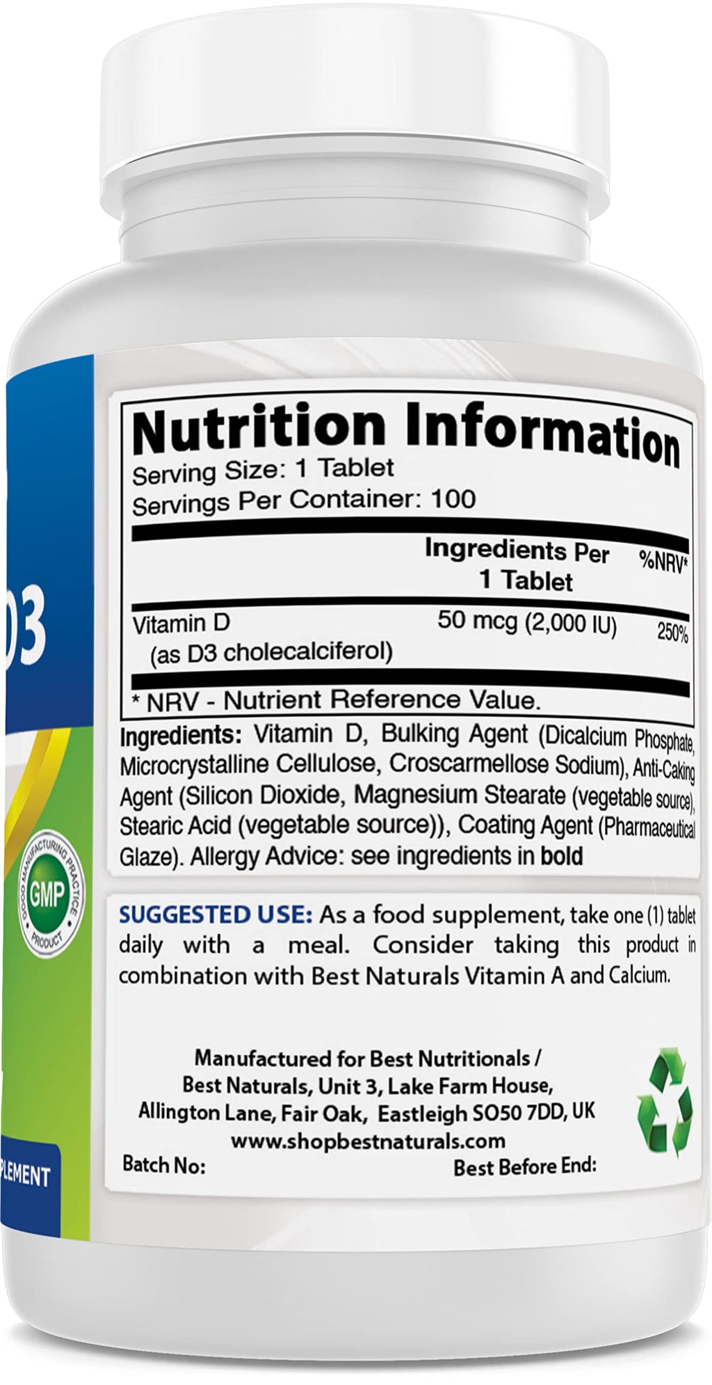 Best Naturals Vitamin D3 2000 IU (50 mcg) – 100 Tablets – Immune Support, Strong Bones & Muscle Function