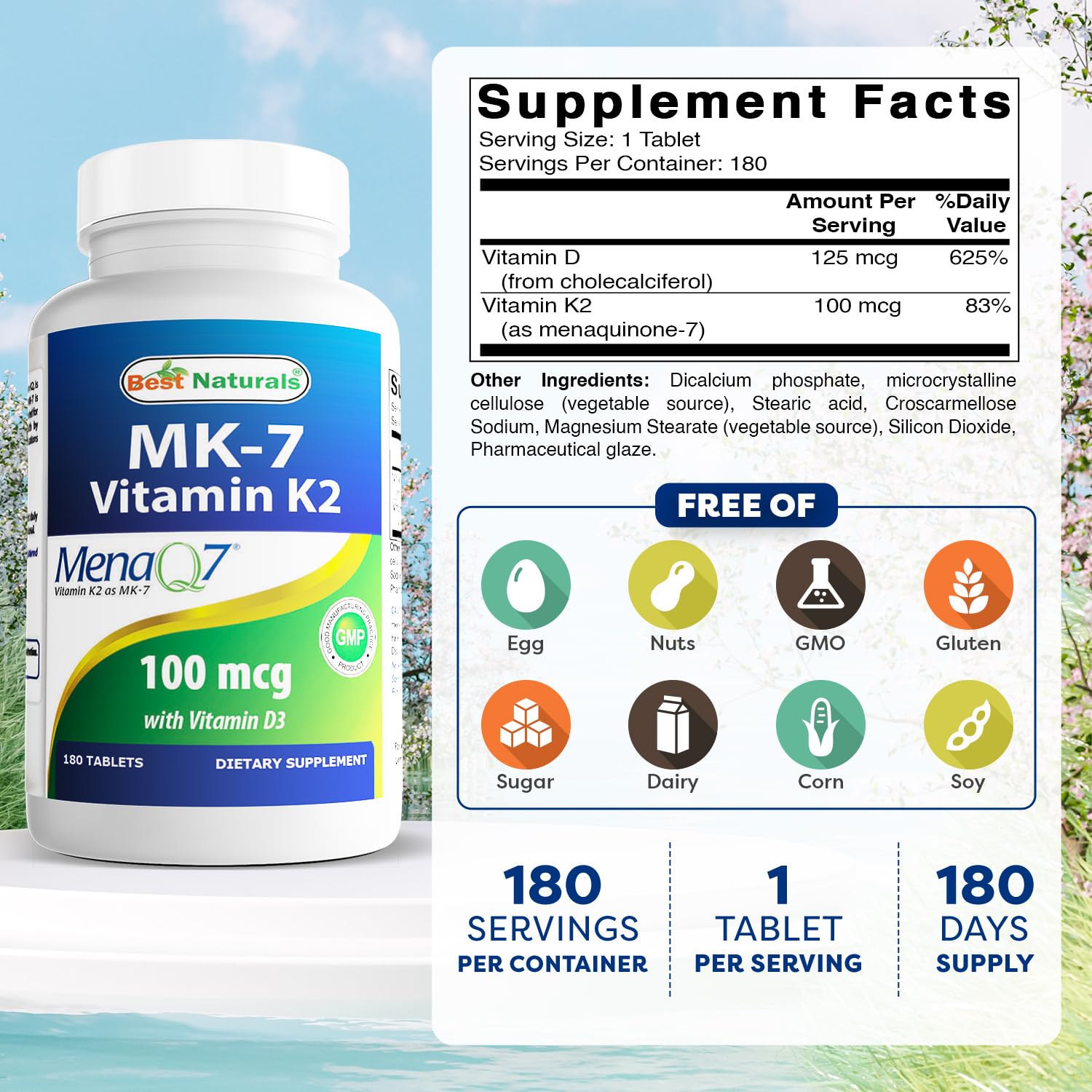 Best Naturals Vitamin K2 MK7 with D3 – 180 Tablets (5,000 IU D3 & 100 mcg K2 MK7) | Non-GMO, USA Made