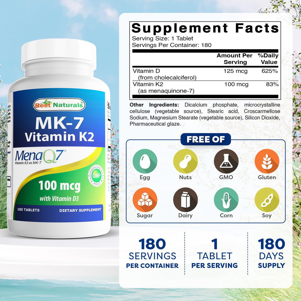 Best Naturals Vitamin K2 MK7 with D3 – 5000 IU Vitamin D3 & 100 mcg K2 MK7, 180 Tablets (Pack of 2)