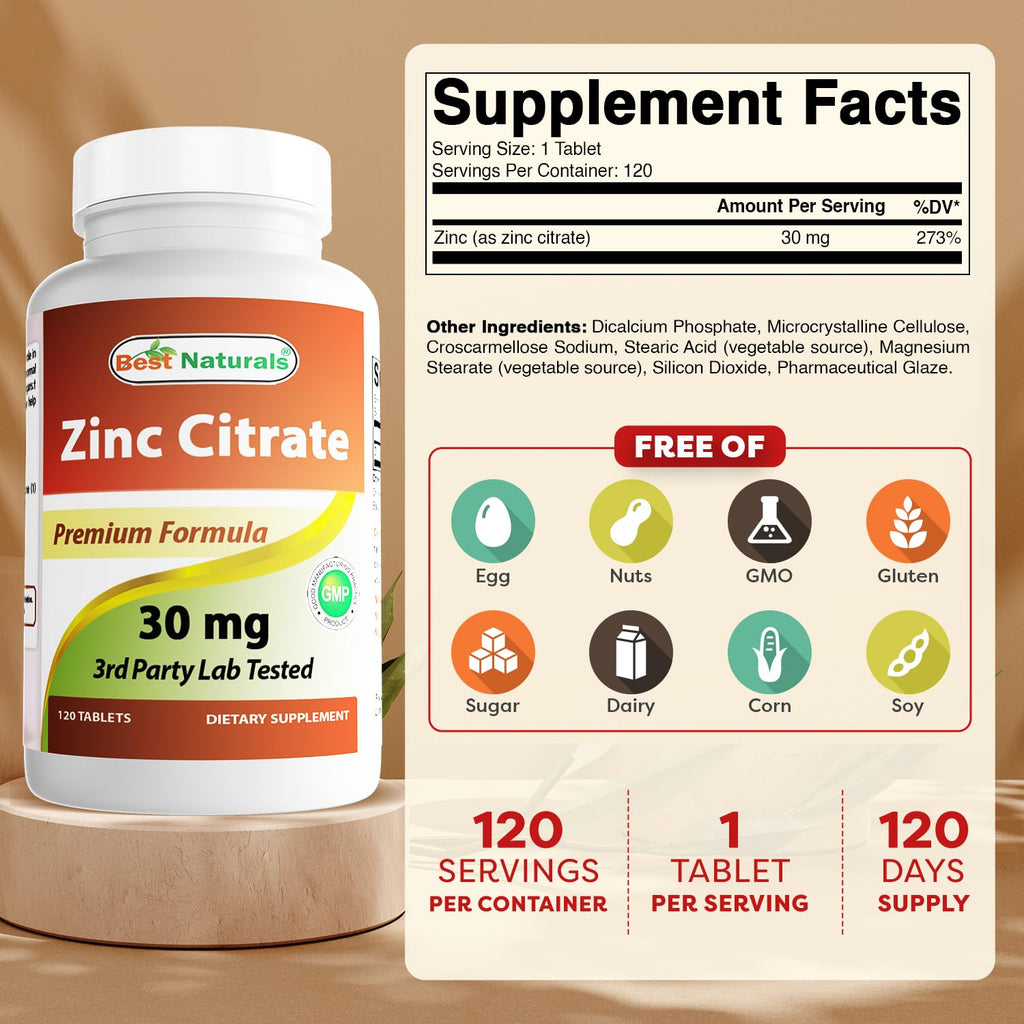 Best Naturals Zinc 30mg (Zinc Citrate) - 120 Tablets Pack of 2 - Immune Support