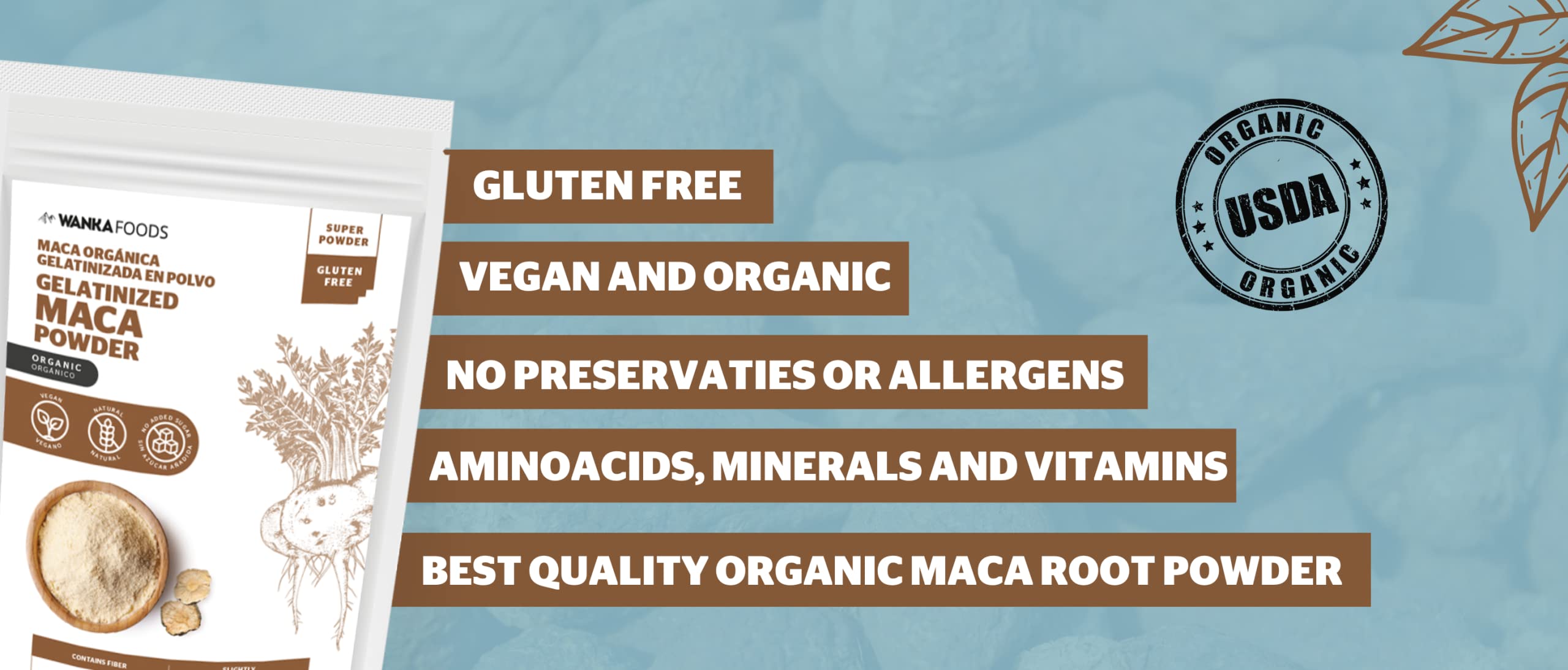 WANKA FOODS Organic Gelatinized Maca Powder – 8oz / 227g | Peruvian Maca Root, Vegan, USDA Organic, Non-GMO, Gluten-Free, Keto-Friendly