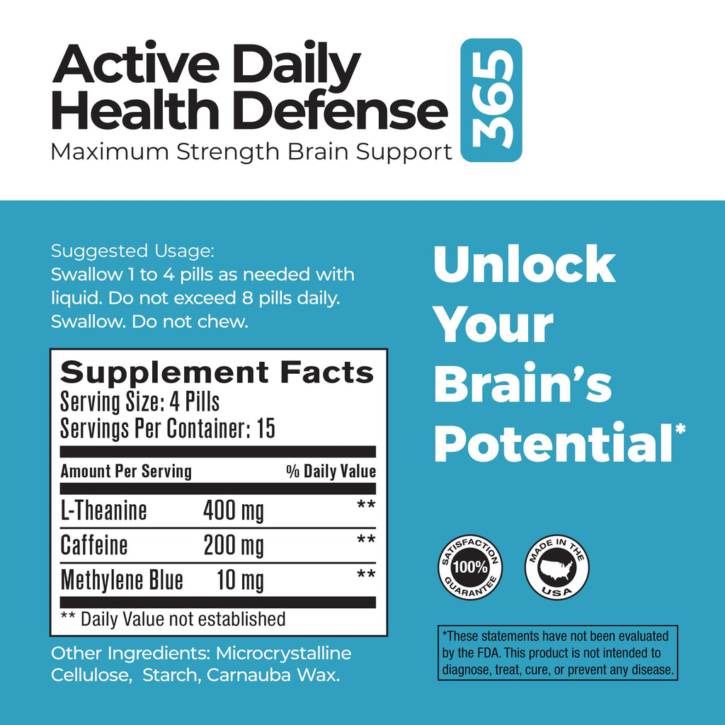 Best365 Labs Maximum Strength Brain Support | Methylene Blue, Caffeine & L-Theanine - 60 Tablets