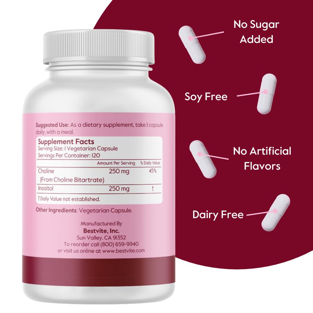BESTVITE Choline Inositol 500mg – 120 Vegetarian Capsules – Vegan, Gluten Free, Non-GMO (Pack of 2)