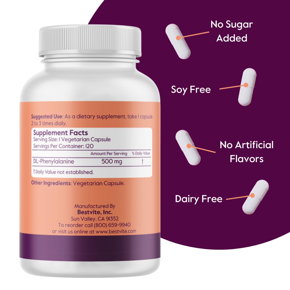BESTVITE DL-Phenylalanine 500mg - 120 Vegetarian Capsules - Vegan, Gluten Free