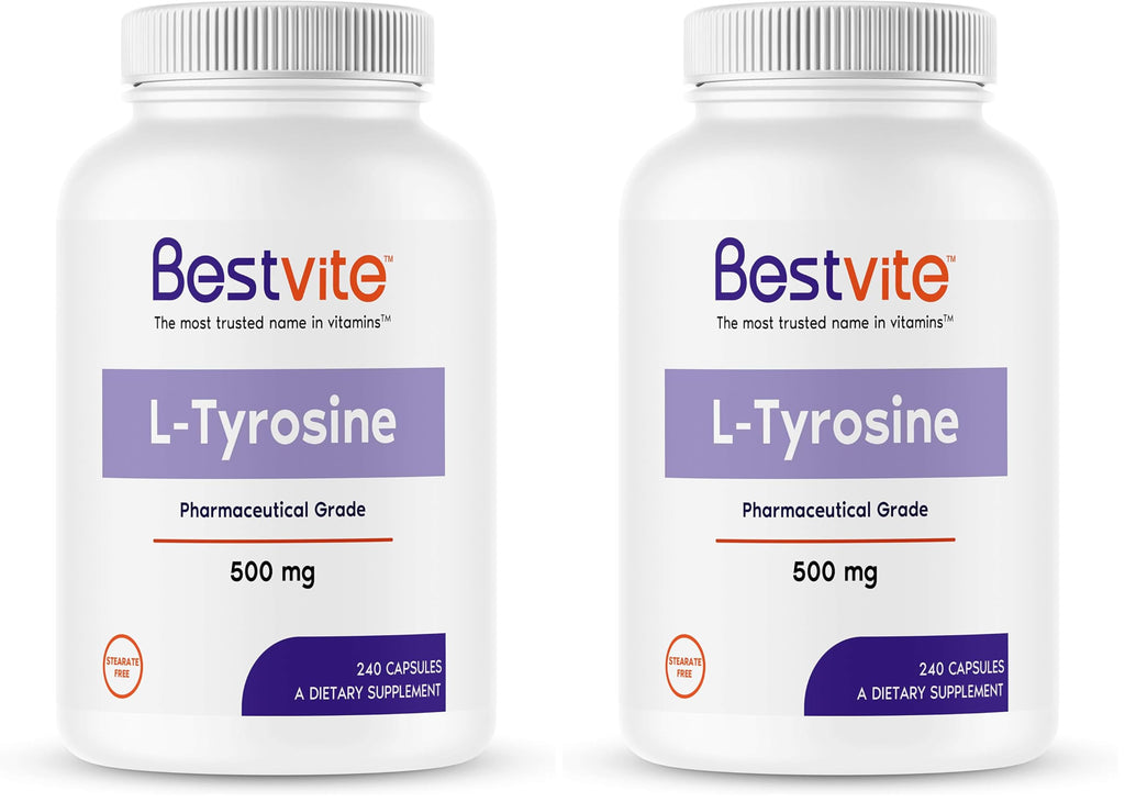 BESTVITE L-Tyrosine 500mg (240 Capsules) – Pack of 2 – No Stearates, Non-GMO, Gluten Free