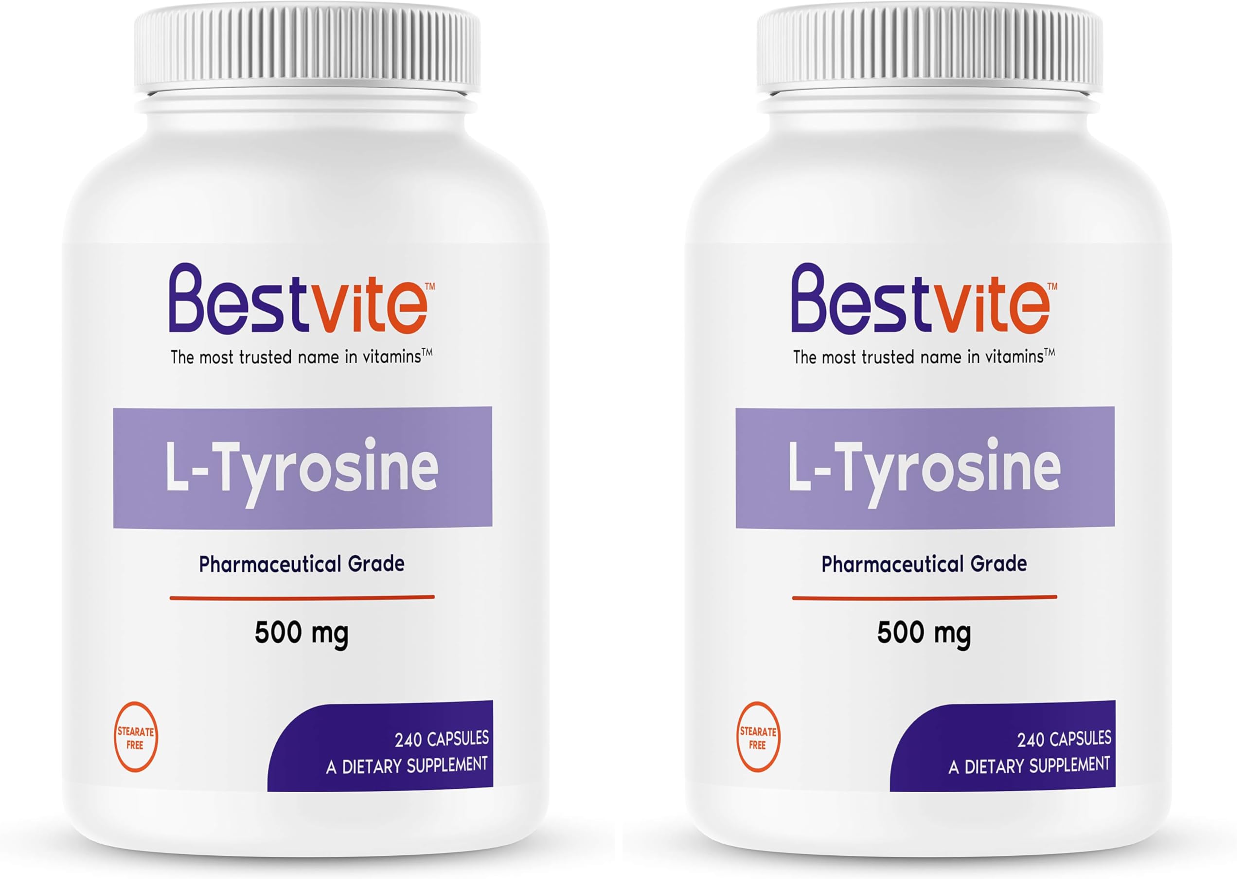 BESTVITE L-Tyrosine 500mg (240 Capsules) – Pack of 2 – No Stearates, Non-GMO, Gluten Free