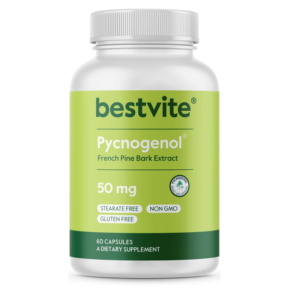 BESTVITE Pycnogenol 50mg (60 Capsules) - French Maritime Pine Bark Extract - No Stearates - Gluten Free - Non GMO