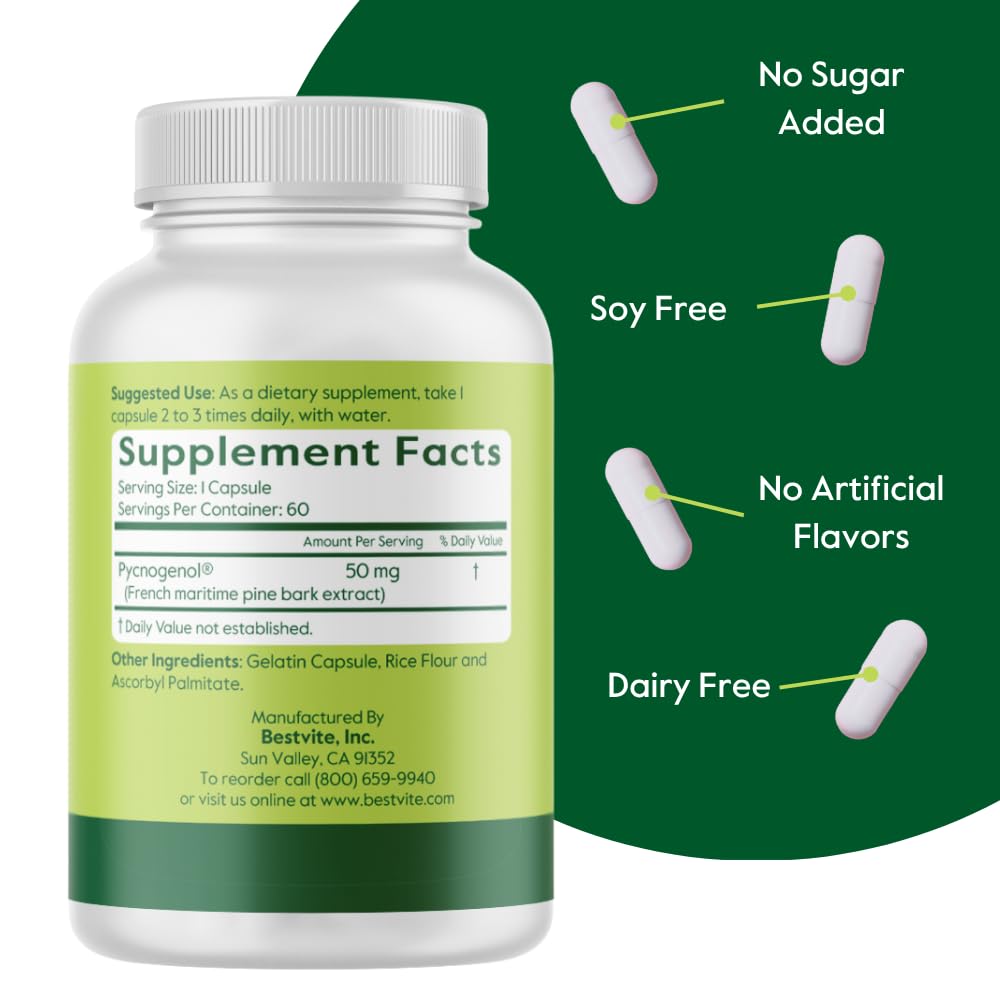 BESTVITE Pycnogenol 50mg (60 Capsules) - French Maritime Pine Bark Extract - No Stearates - Gluten Free - Non GMO