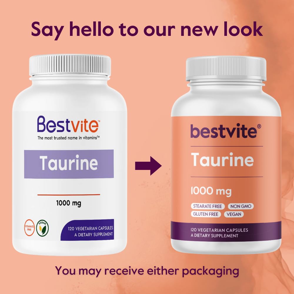 BESTVITE Taurine 1000mg (120 Vegetarian Capsules) - No Stearates - No Fillers - No Flow Agents - Vegan - Non GMO - Gluten Free (Pack of 2)