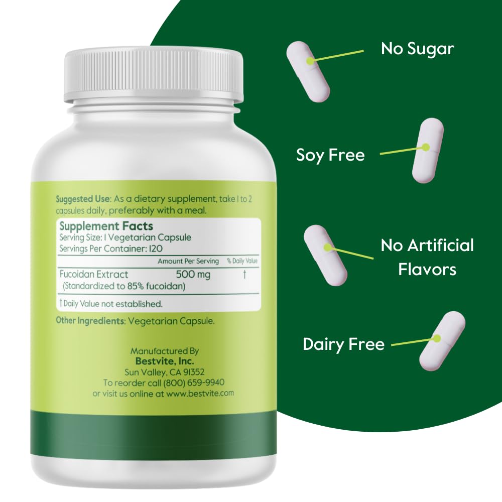 BESTVITE Fucoidan Extract 500mg | 85% Fucoidan | 120 Veg Capsules