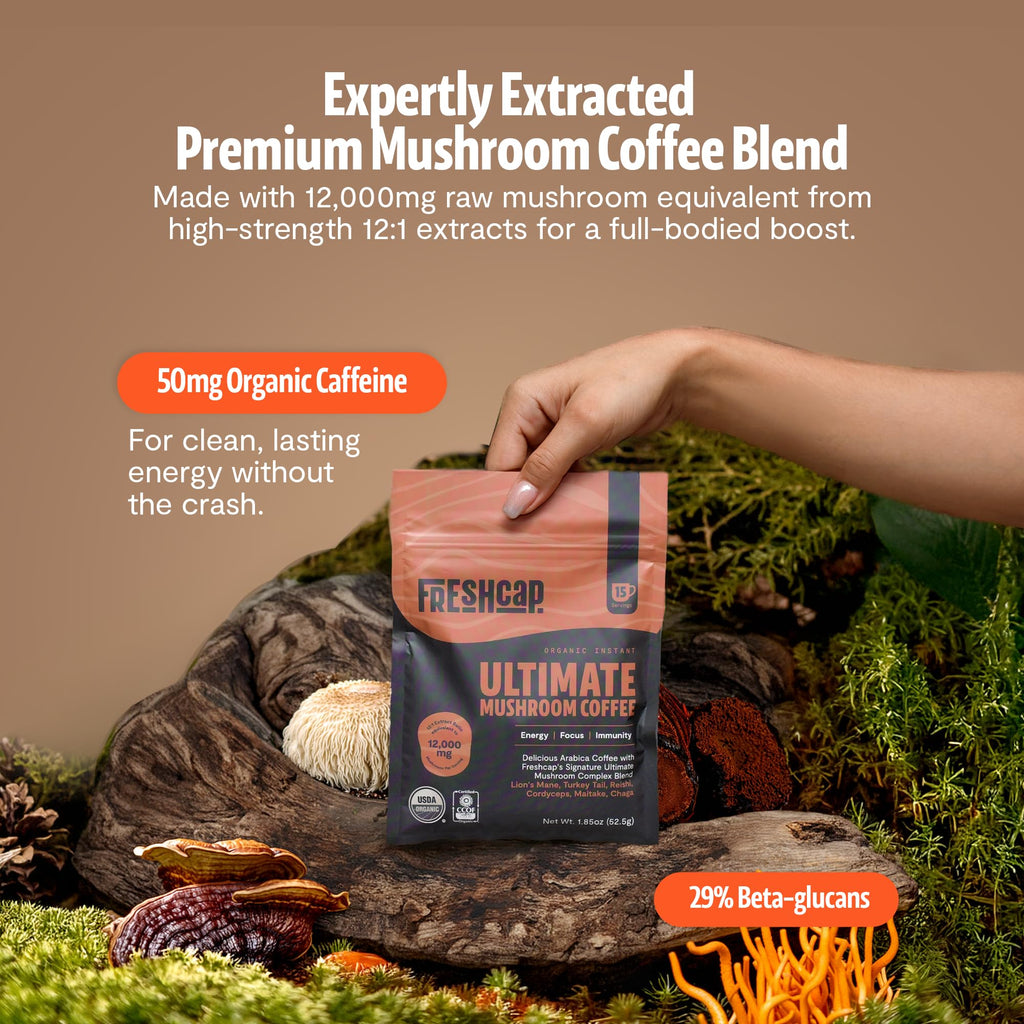 FreshCap Mushrooms Coffee 12,000 mg – Organic 6 Adaptogenic Mushrooms