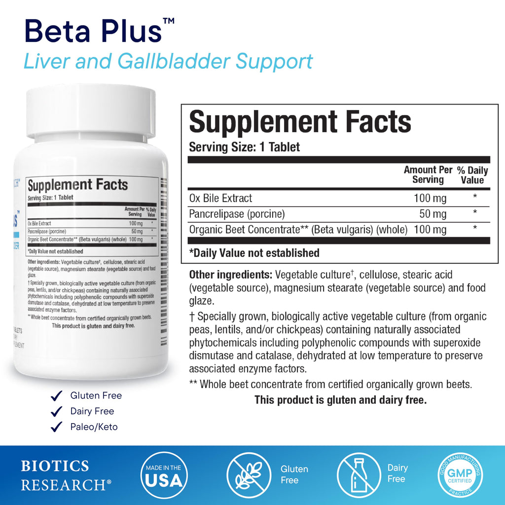 Biotics Beta-Plus Ox Bile Salts & Digestive Enzymes - 90 Tabs | Bile Production, No Gallbladder Support, Liver & Fat Digestion