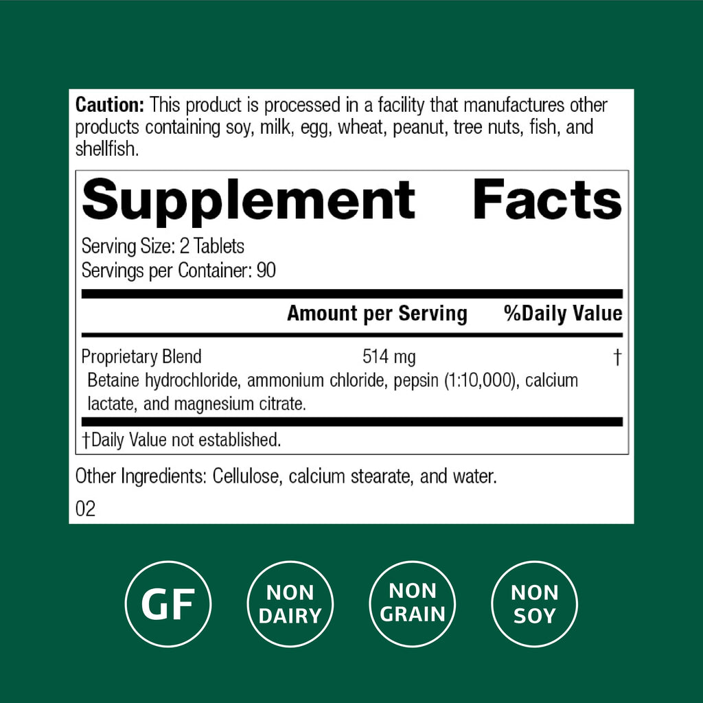 Betaine Hydrochloride Supplement 180 Tablets | Digestive pH Support & Iron Absorption - Gluten-Free