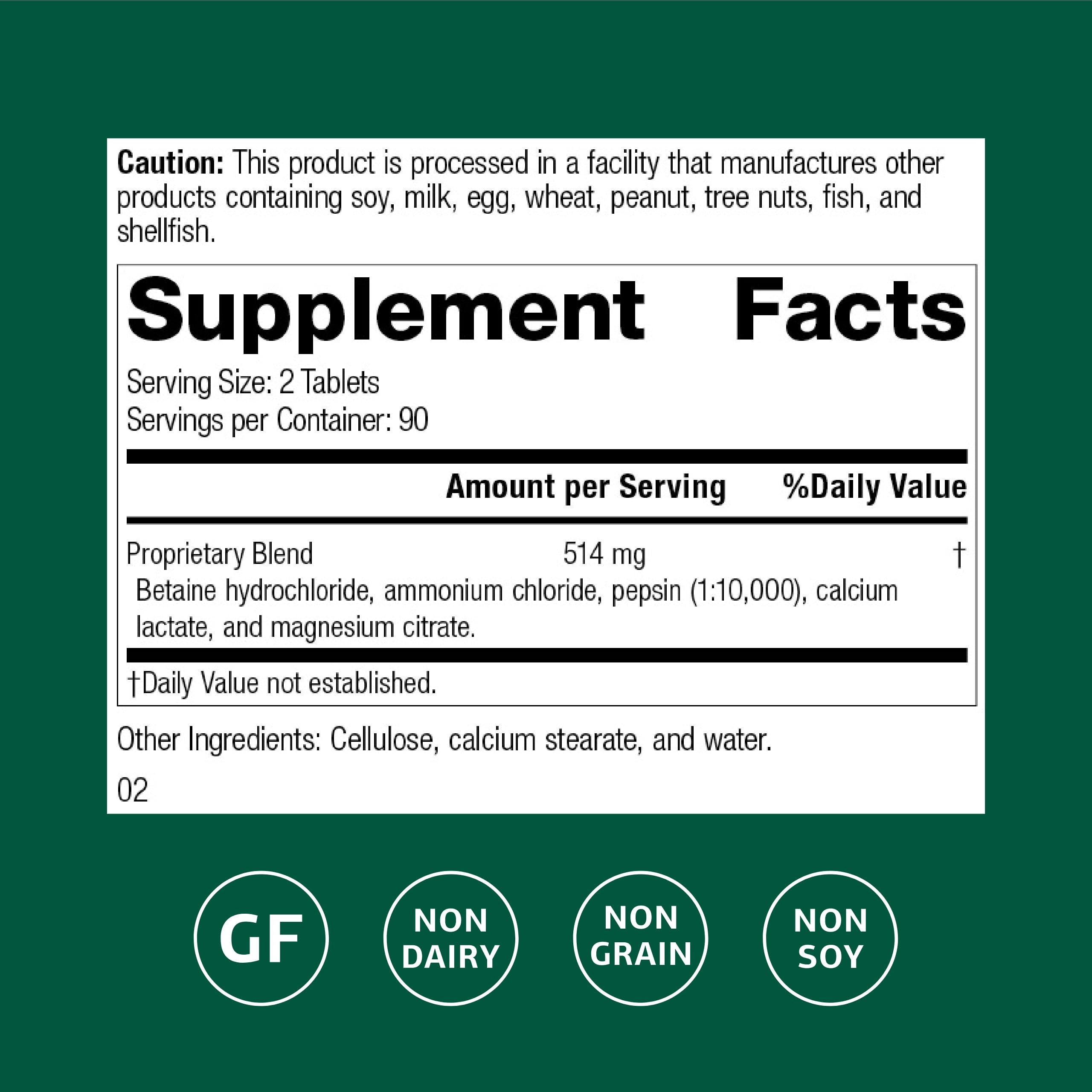 Betaine Hydrochloride Supplement 180 Tablets | Digestive pH Support & Iron Absorption - Gluten-Free