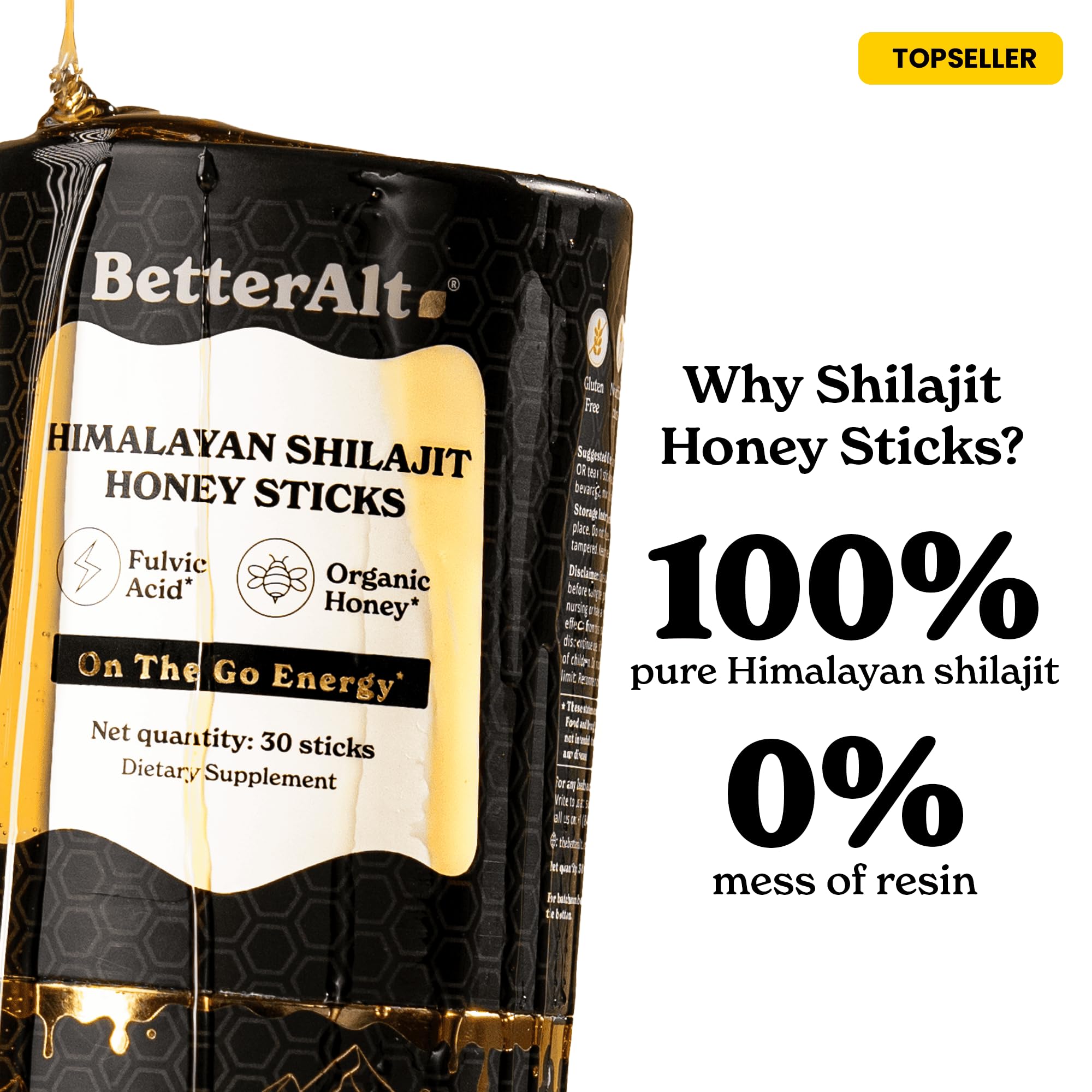 Better Alt Pure Himalayan Shilajit Honey Sticks (2 Pack) – Energy Boost & Immune Support, 85+ Minerals, 75%+ Fulvic Acid