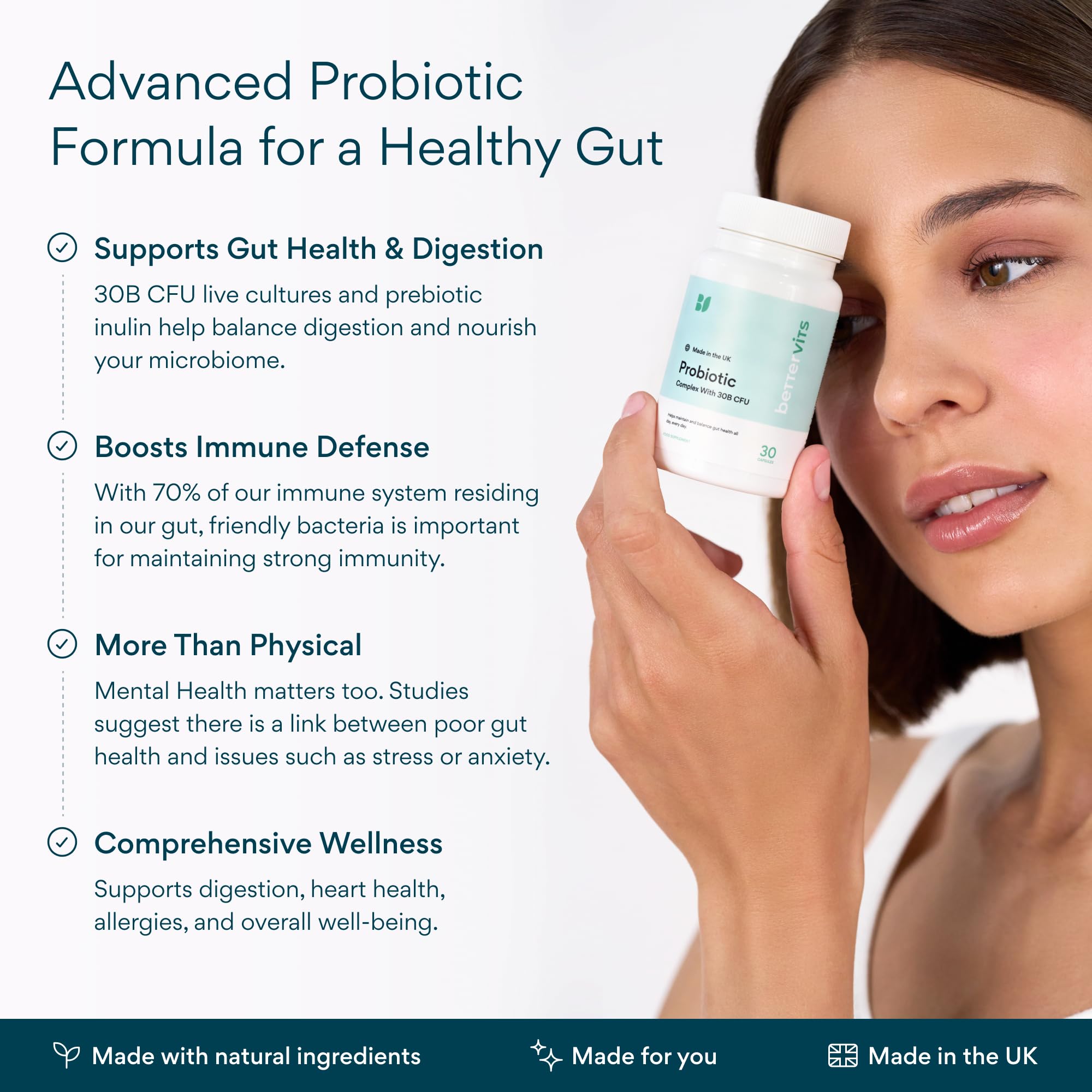 Bettervits Probiotics – 75B CFU, 12 Strains, Inulin Prebiotic | 30 Vegan Capsules