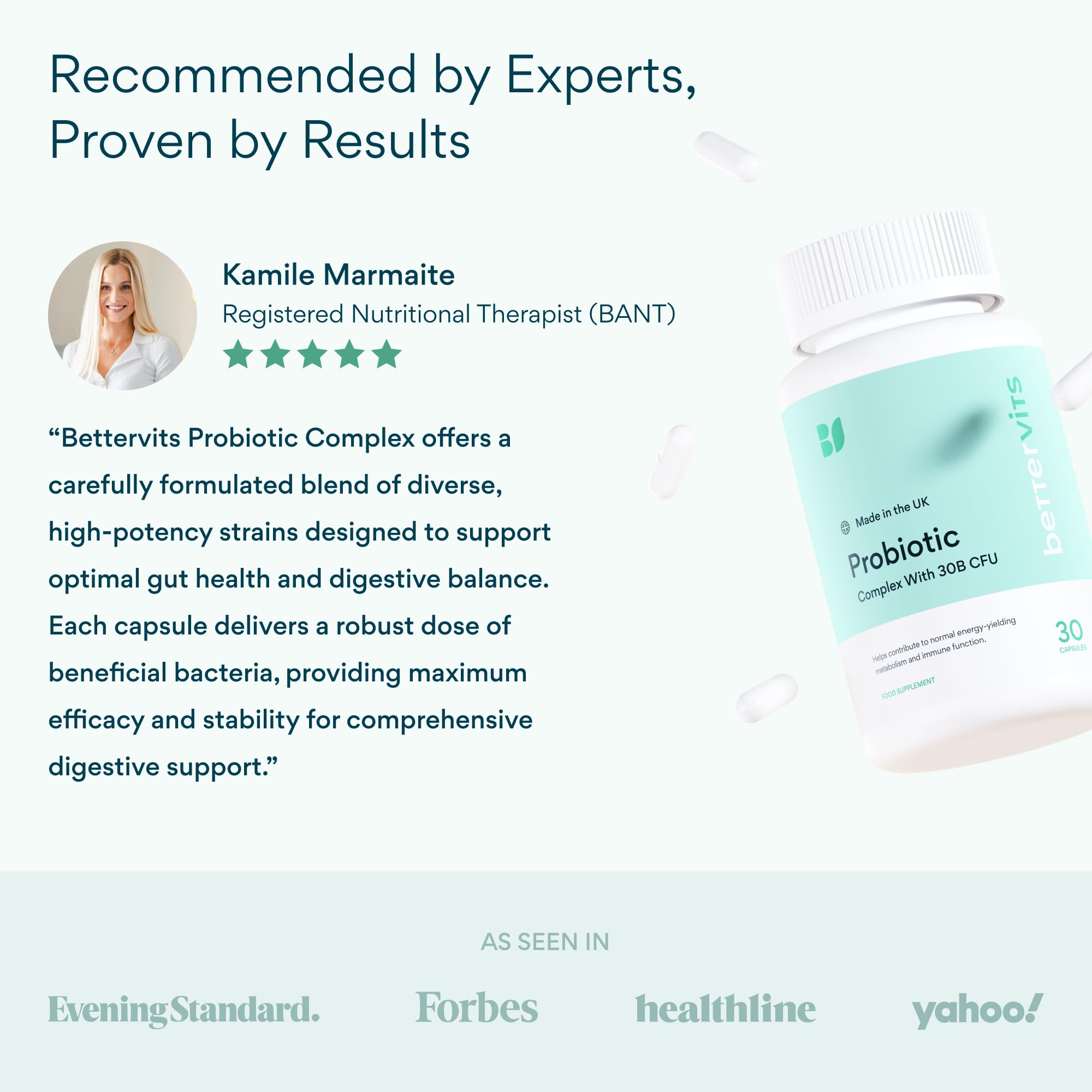 Bettervits Probiotics – 75B CFU, 12 Strains, Inulin Prebiotic | 30 Vegan Capsules