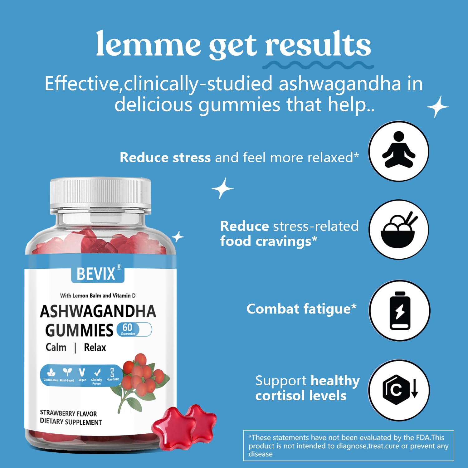 BEVIX Ashwagandha Gummies with Vitamin D - Gluten Free Stress Relief & Immune Support | 60 Count