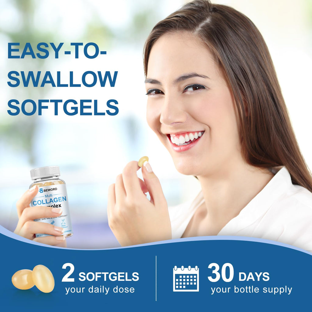 BEWORD Multi Collagen Softgels – Type I-X, Vitamin C & Hyaluronic Acid, 60 Capsules