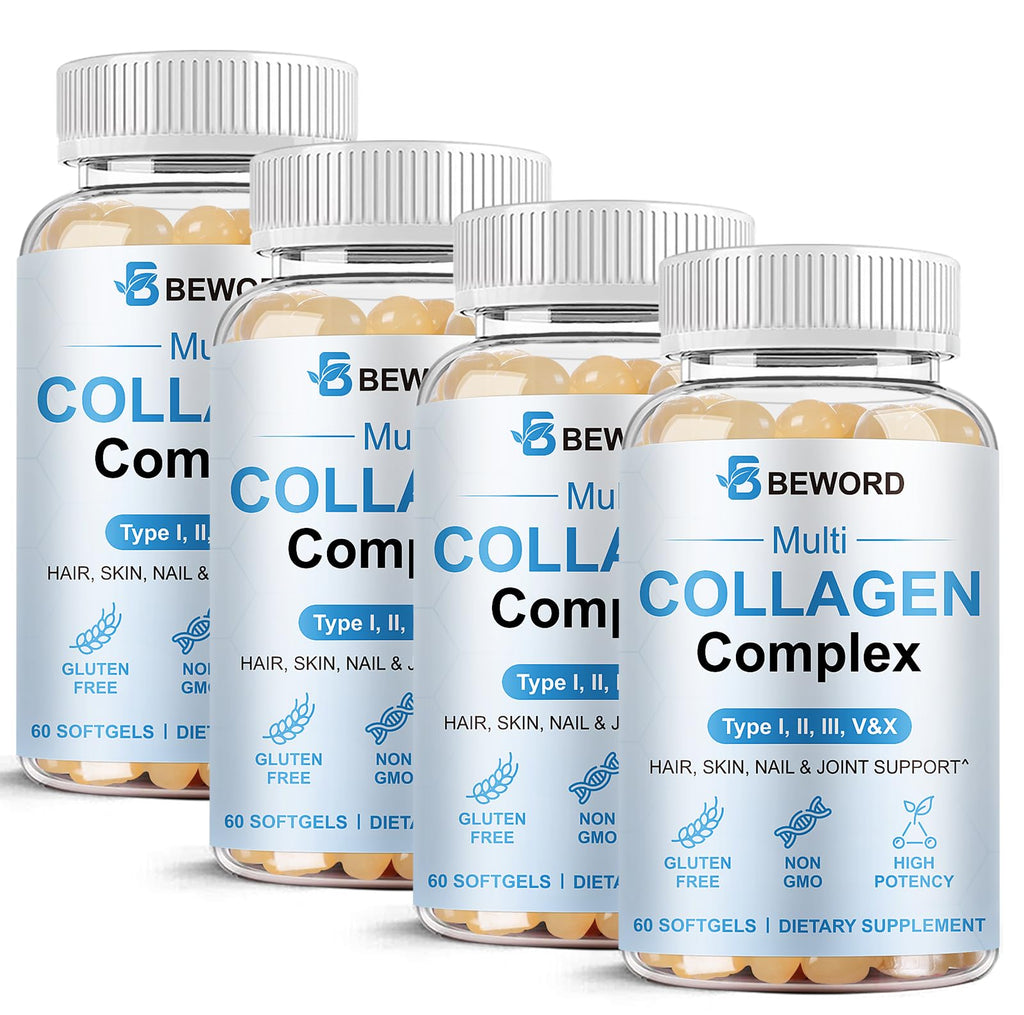 BEWORD Multi Collagen Softgels – 240 Capsules, 4-Pack | Type I, II, III, V, X + Vitamin C & Hyaluronic Acid