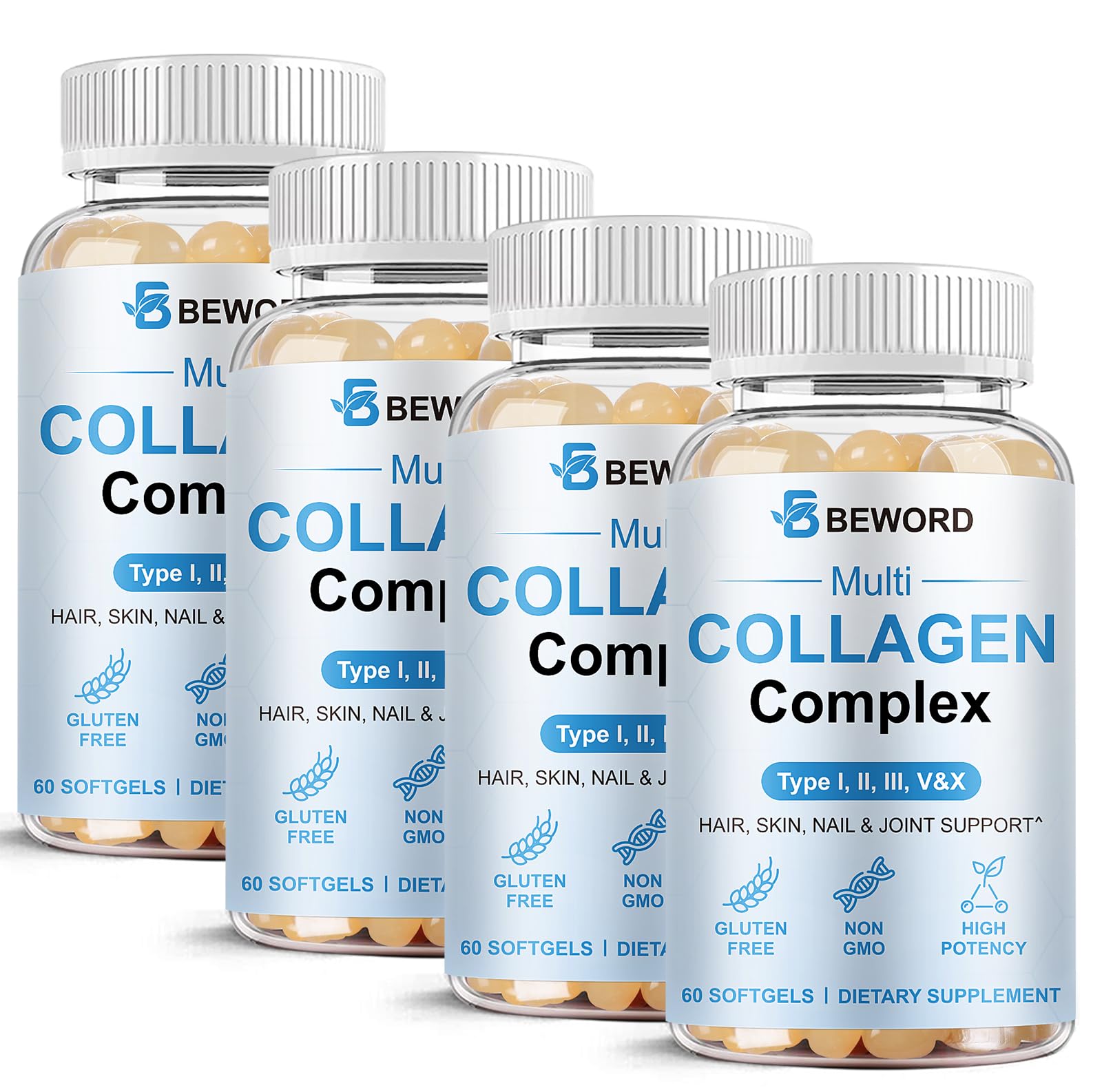 BEWORD Multi Collagen Softgels – 240 Capsules, 4-Pack | Type I, II, III, V, X + Vitamin C & Hyaluronic Acid