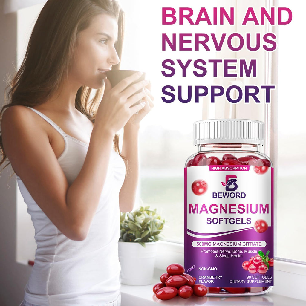 BEWORD Magnesium Citrate Softgels 500mg | 90 Capsules – Calm Sleep & Muscle & Bone Health