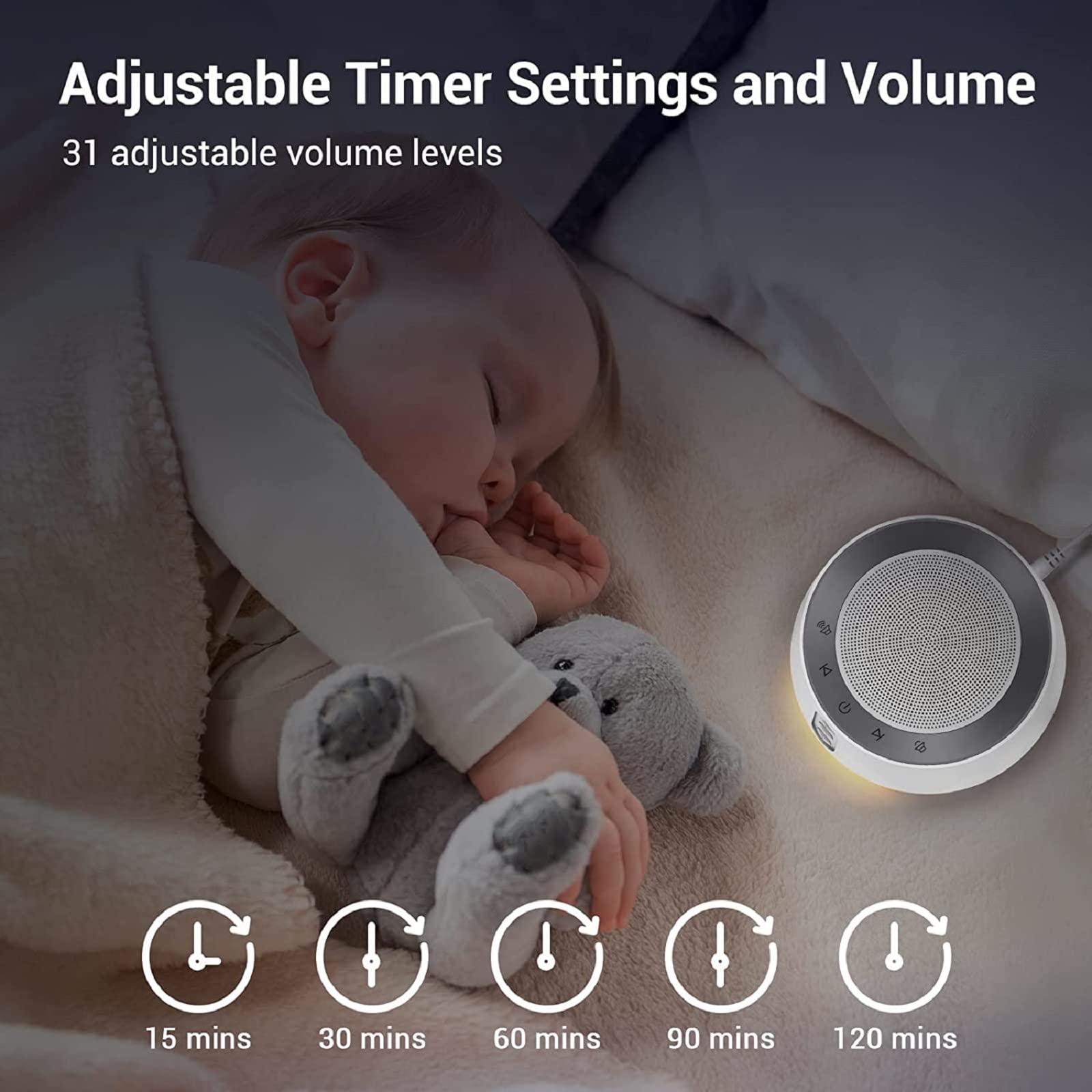 BGOVERSS White Noise Sound Machine — 20 Sounds, 10 Night Light Colors, 5 Timers