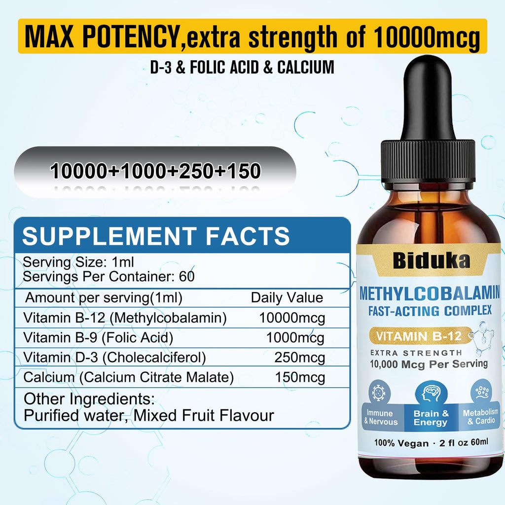 Biduka 10,000mcg Vitamin B12 Sublingual Drops – D3, B9, Calcium for Energy & Immunity