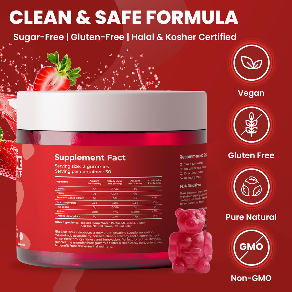 Big Bear Bites Creatine Monohydrate Gummies – 5000mg per Serving – Sugar Free, Gluten Free & Halal – 90 Gummies – Strawberry Flavor
