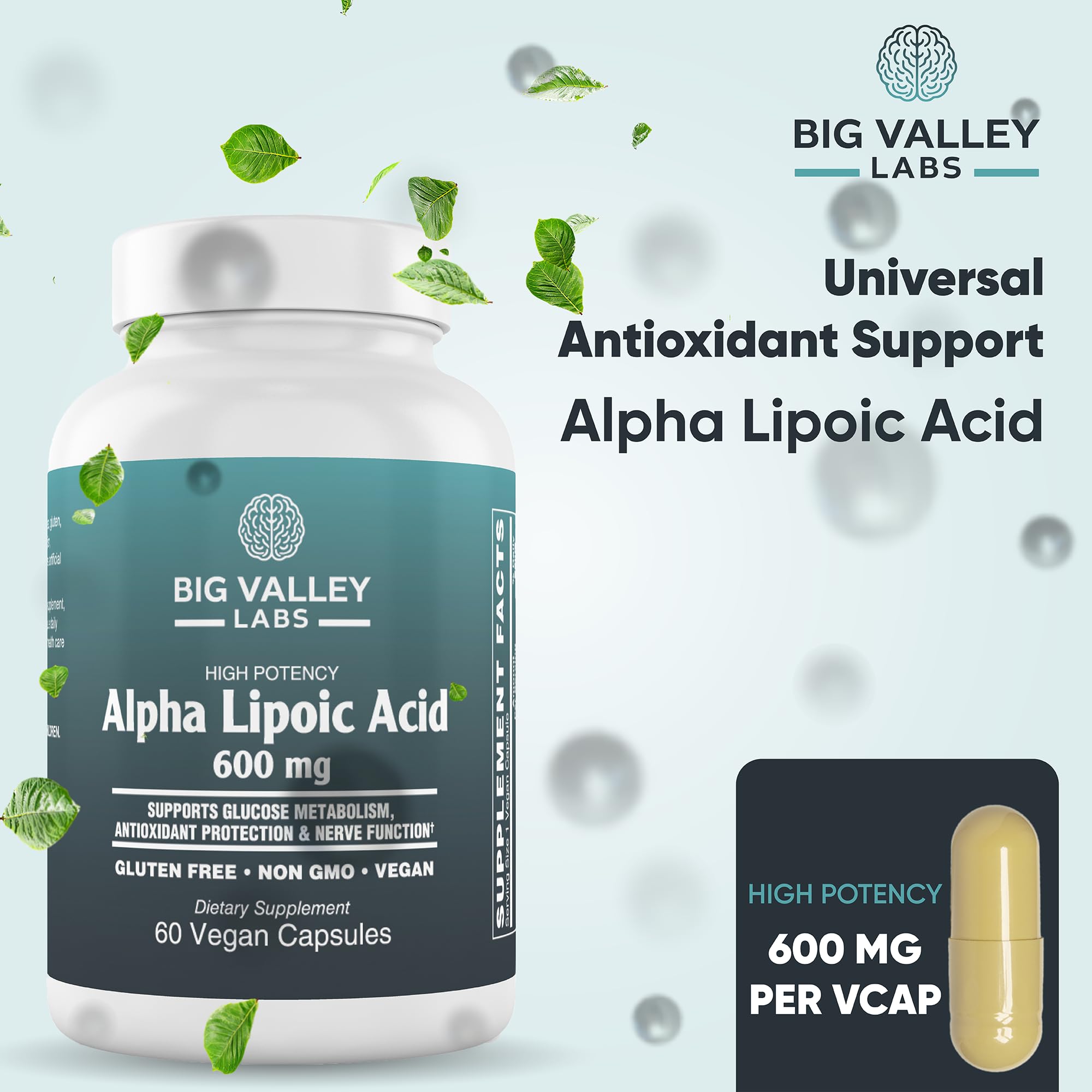 Big Valley Labs Alpha-Lipoic Acid 600 mg – High-Potency Antioxidant for Cellular Health & Energy Metabolism – Vegan, Non-GMO, Gluten-Free | 60 Capsules