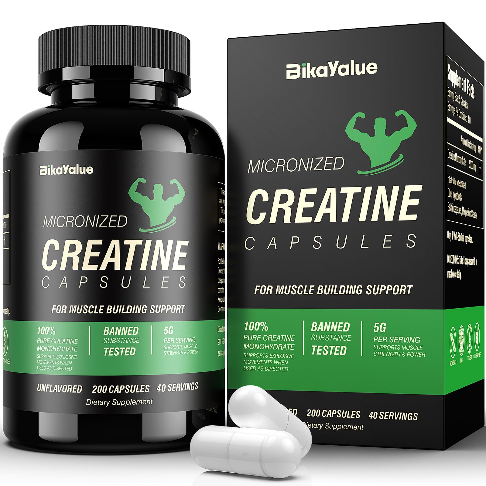 BIKAYALUE Creatine Monohydrate 5000mg - 40 Servings (Gluten Free)