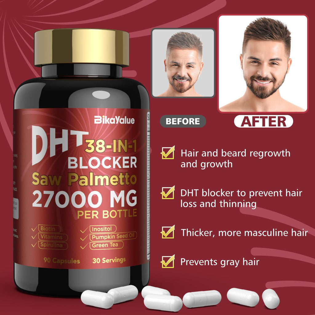 BIKAYALUE Saw Palmetto for Men – DHT Blocker with Biotin (10000 mcg) & 900 mg Saw Palmetto, 30 Servings