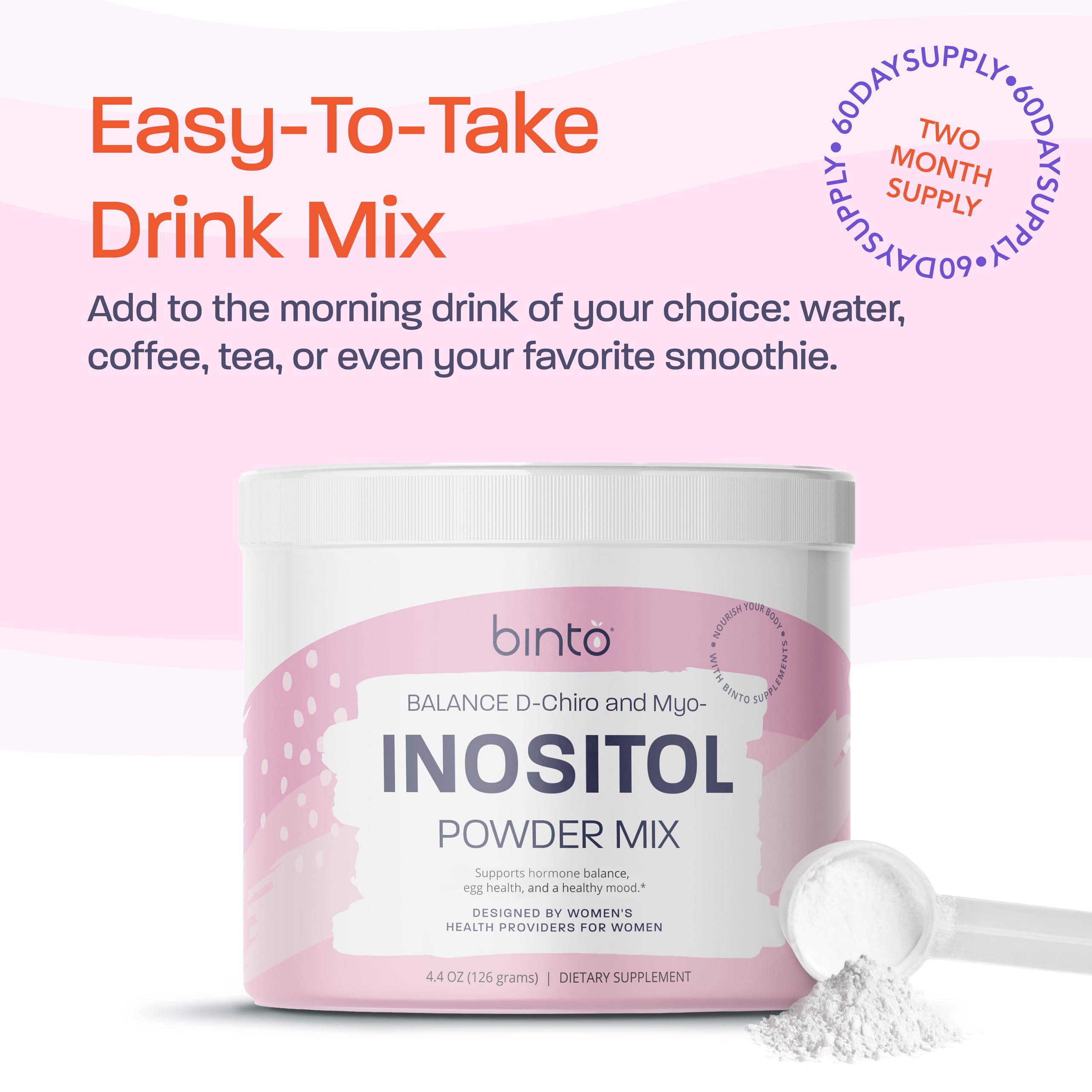 Binto Inositol Powder Mix | 60-Day Supply | 40:1 Ratio of Myo and D-Chiro Inositol | Hormone Balance and Ovulation Support | Preservative Free