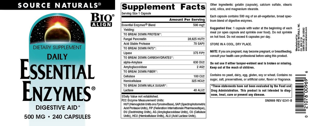 Source Naturals Essential Enzymes 500mg - Bio-Aligned Digestive Enzymes, 240 Capsules