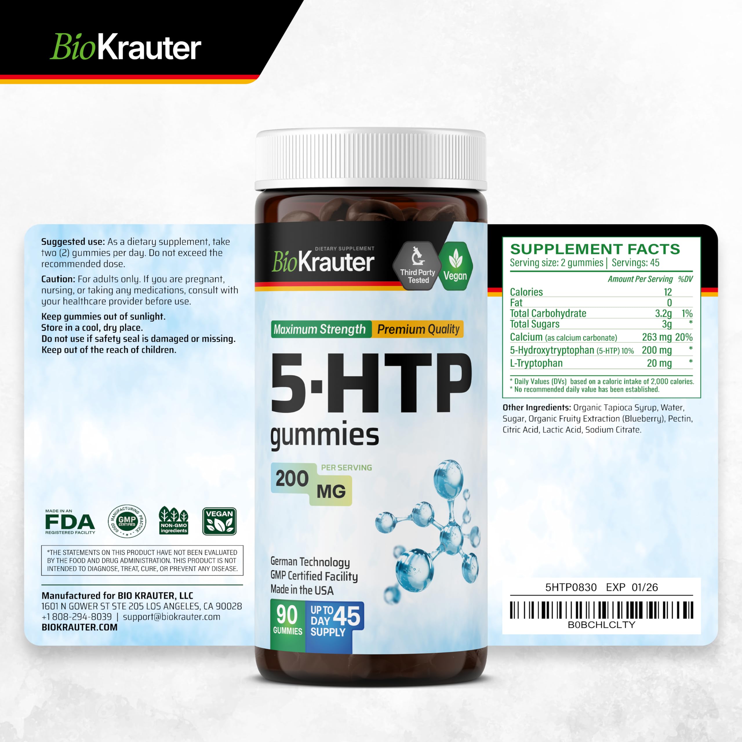 BIO KRAUTER 5-HTP Gummies 200 mg - 90 Vegan Chews | Relaxation Support