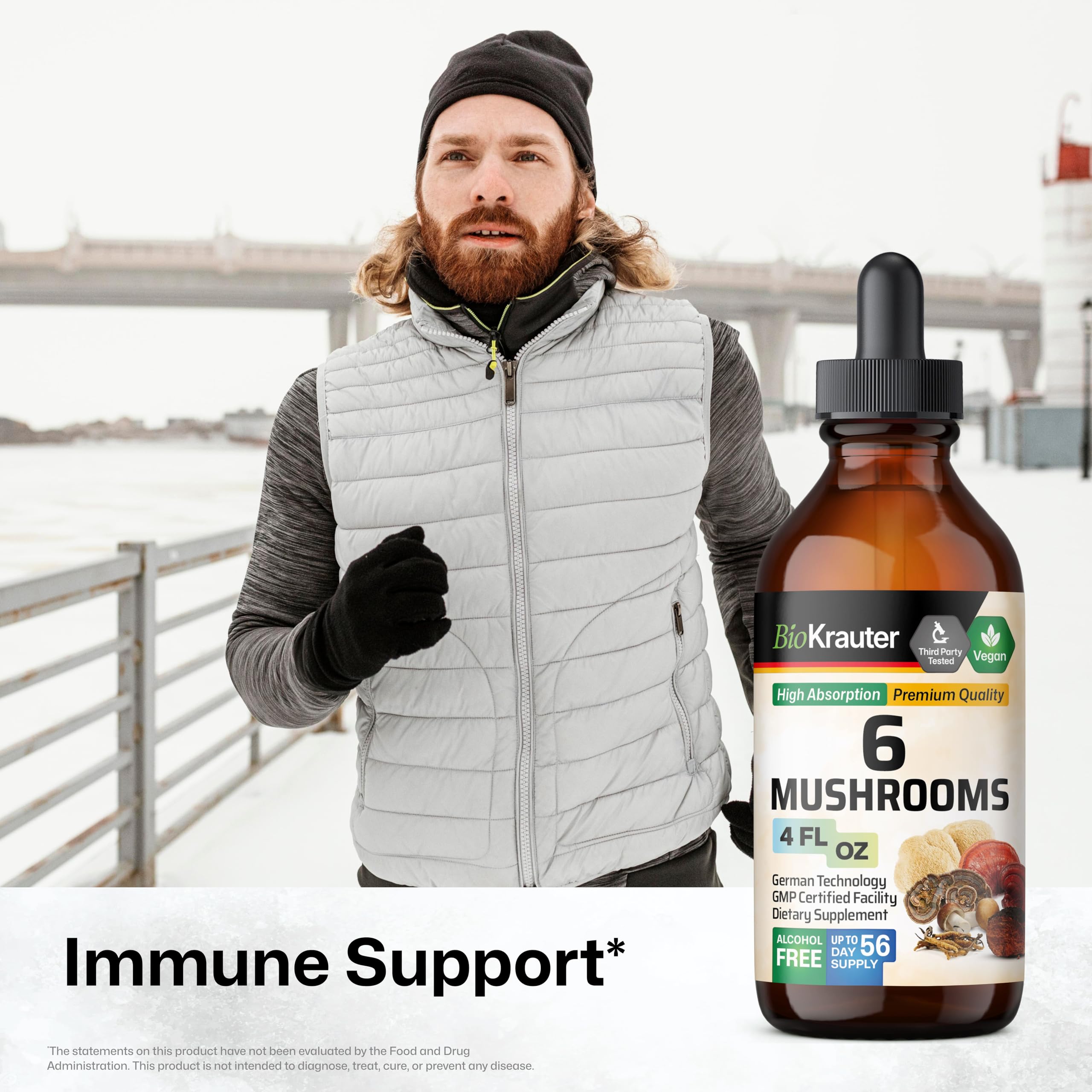 BIO KRAUTER 6 Mushrooms 6-in-1 Immunity Tincture - Lions Mane, Shiitake, Turkey Tail, Cordyceps, Reishi & Chaga | Vegan Drops 4 Fl Oz