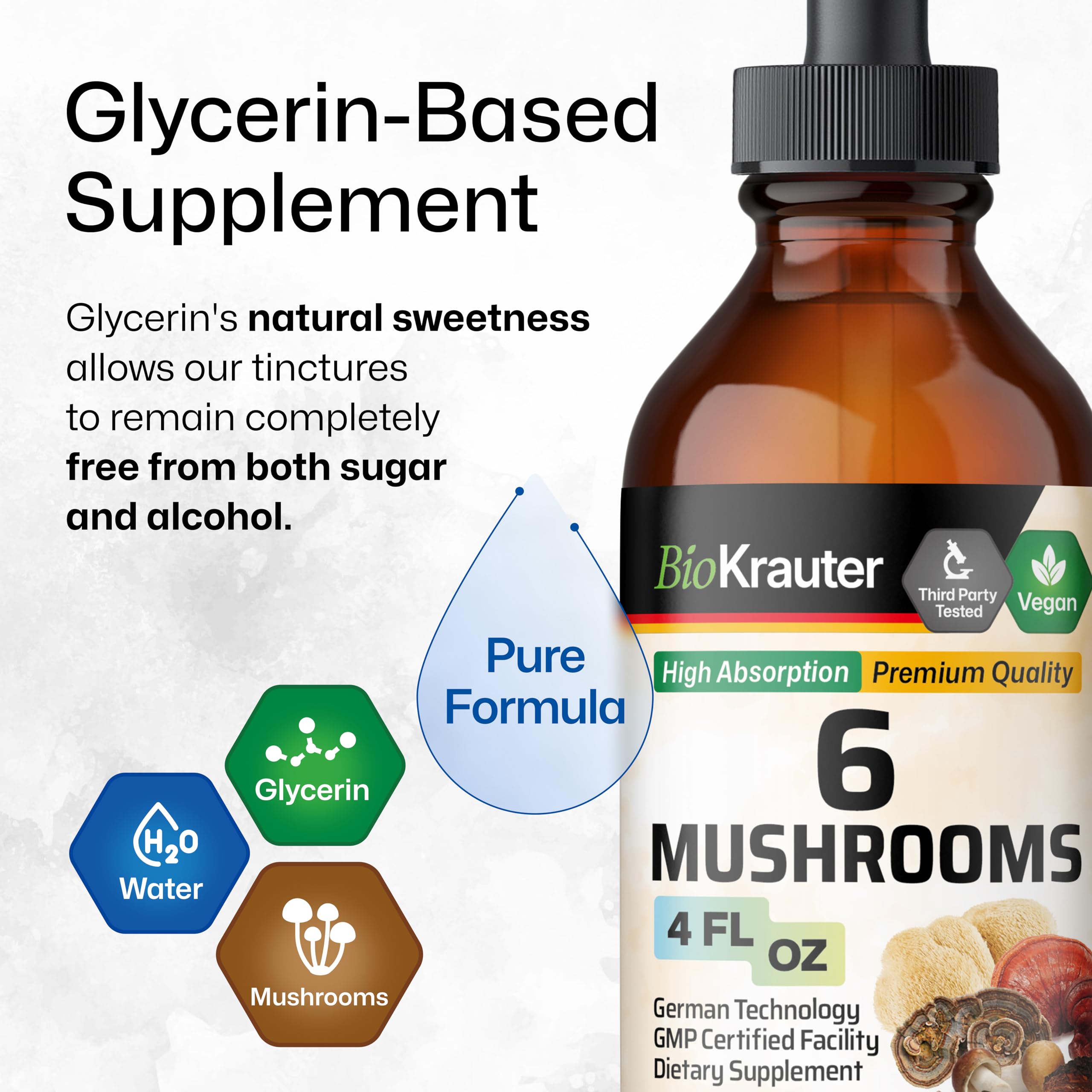 BIO KRAUTER 6 Mushrooms 6-in-1 Immunity Tincture - Lions Mane, Shiitake, Turkey Tail, Cordyceps, Reishi & Chaga | Vegan Drops 4 Fl Oz
