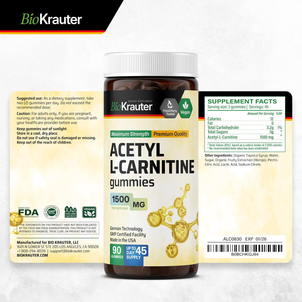 BIO KRAUTER Acetyl L Carnitine Gummies - 1500 mg - 90 Vegan Mango Chews - Pectin-Based, Non-GMO