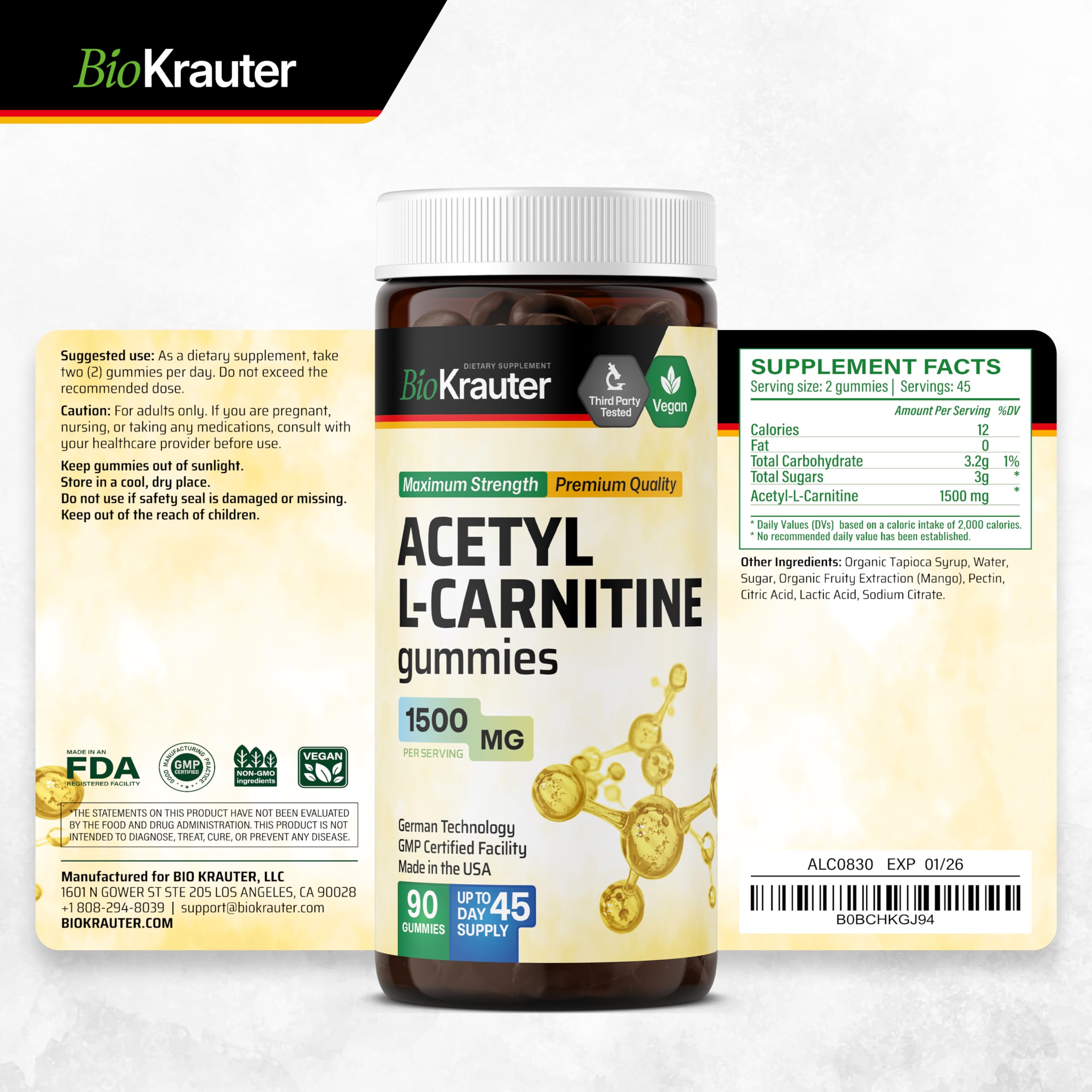 BIO KRAUTER Acetyl L-Carnitine Gummies 1500 mg - 90 Vegan Chews | Pack of 2