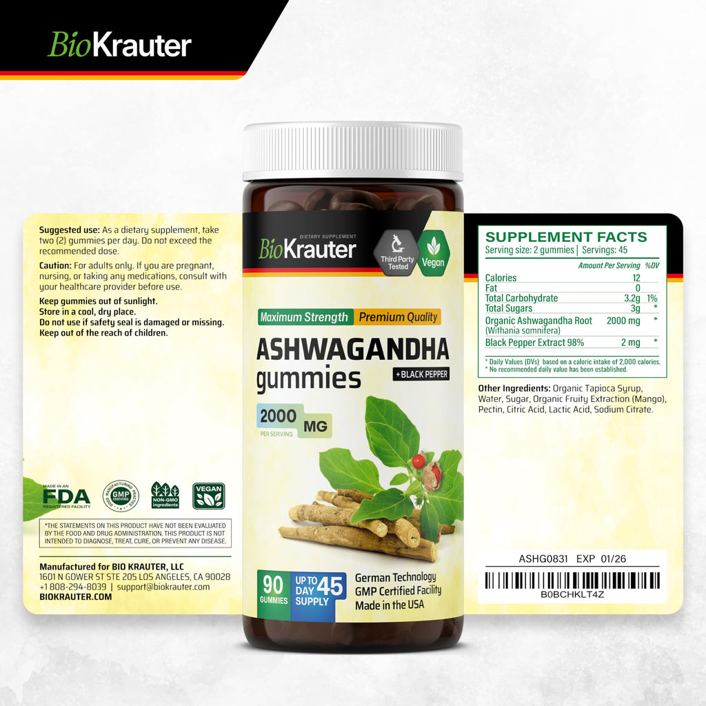 BIO KRAUTER Ashwagandha Gummies – 2000 mg, 90 Chews, Mango, Vegan – Pack of 2